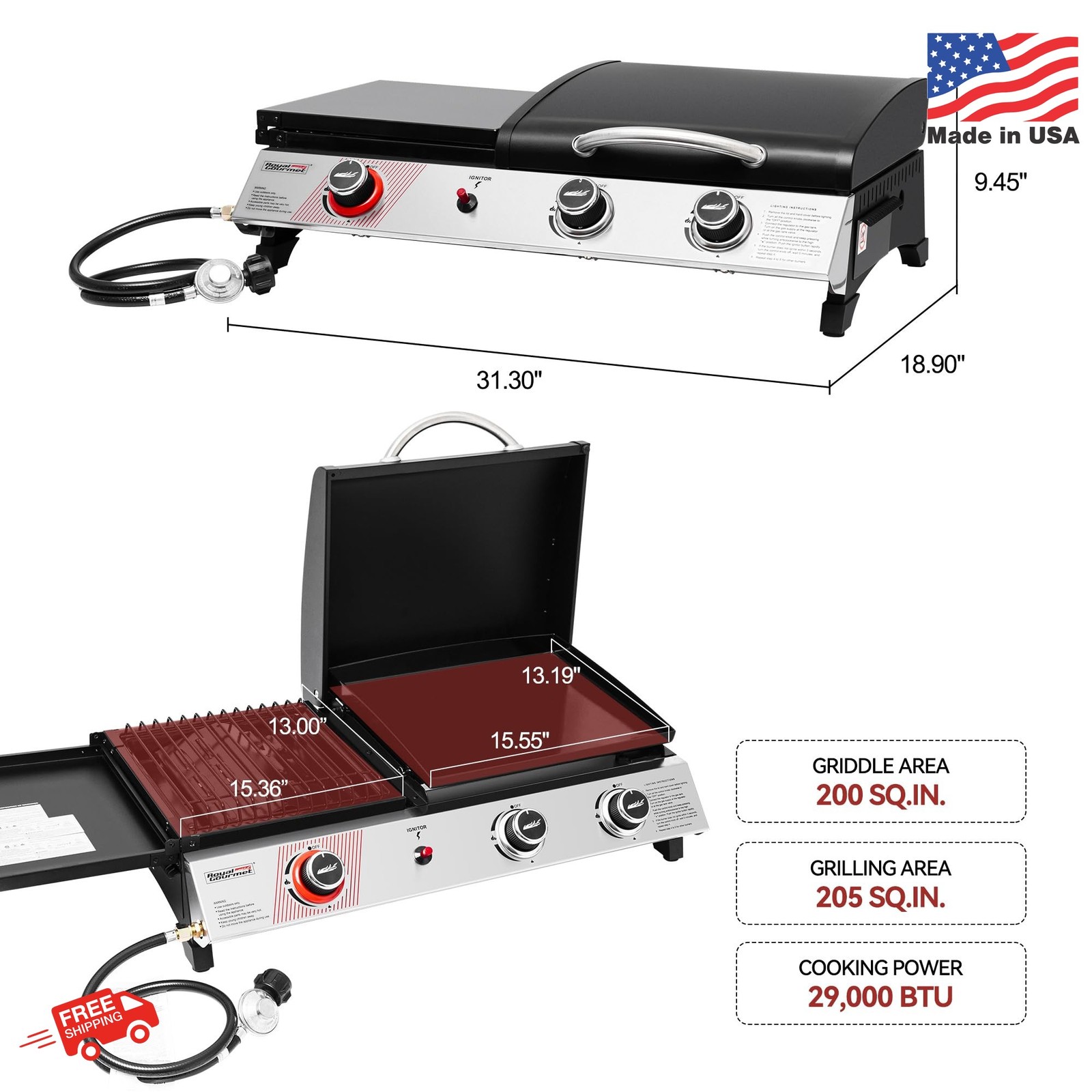 Royal Gourmet PD1305H 3 Burner Propane Gas Grill and Griddle Combo with Lid, 3-i