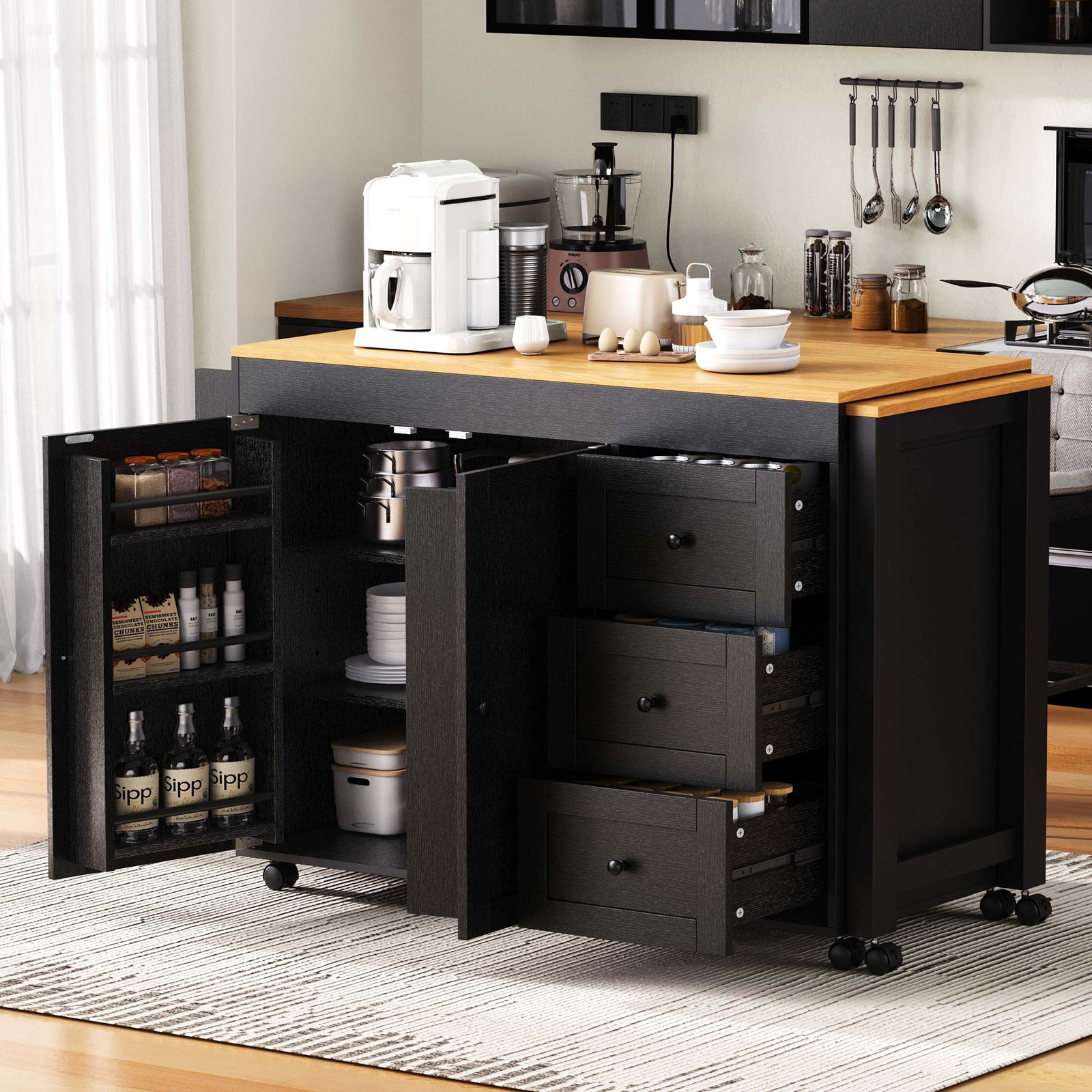 74.8 Inch Kitchen Island with Extendable Dining Table Rolling Storage Cart Power