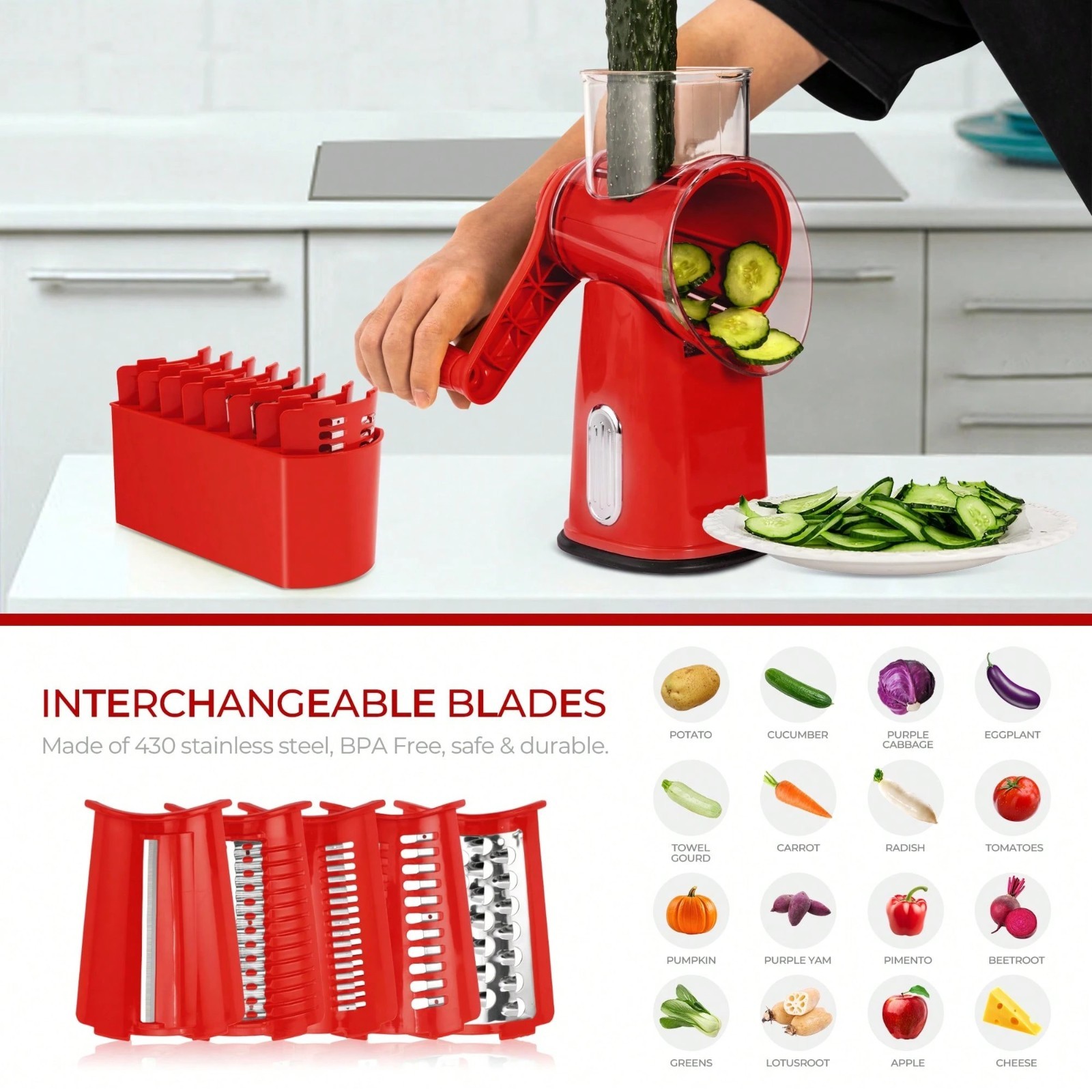 SUSTEAS Rotary Cheese Grater with 5 Blades & Storage Box Sleek Vegetable Shredde