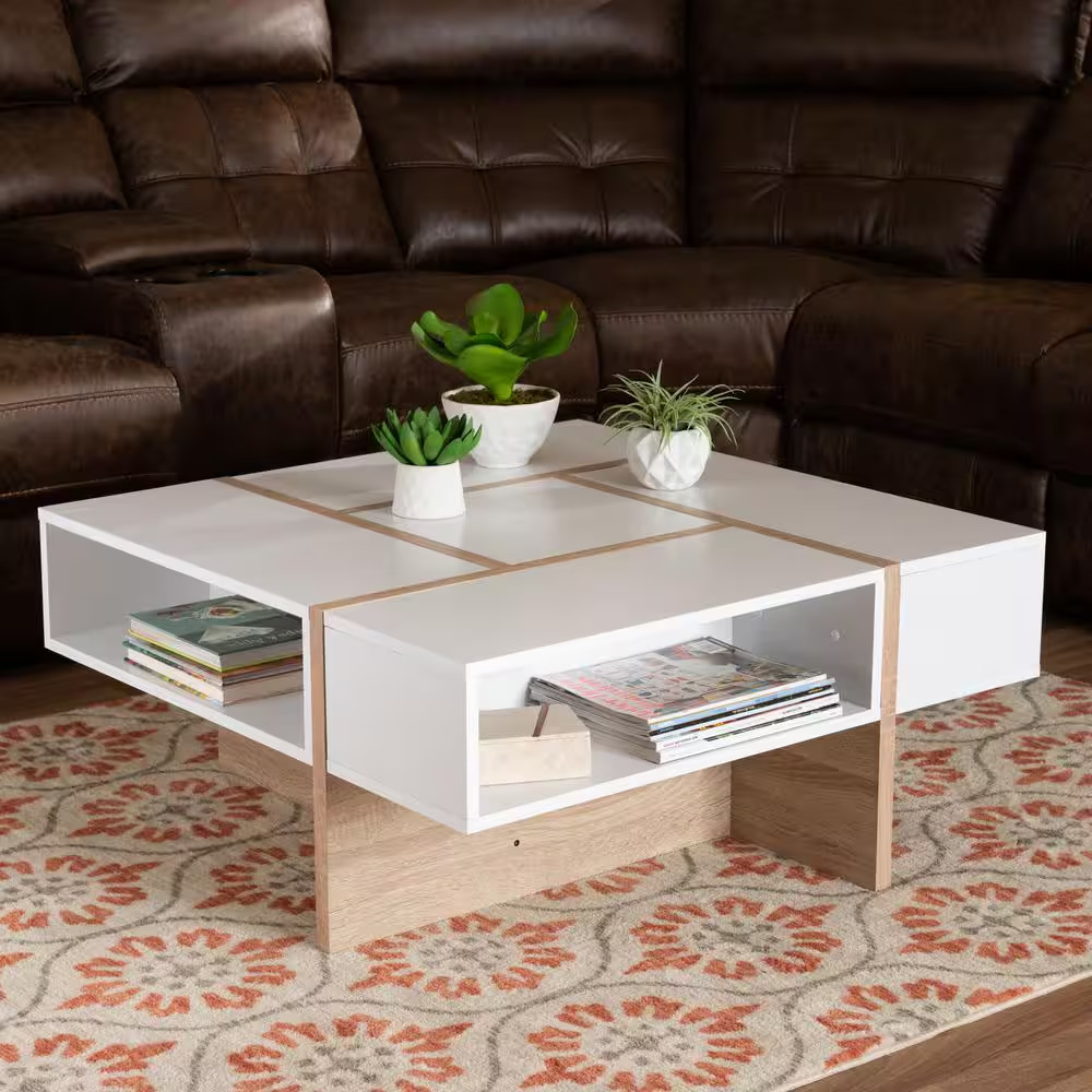 Rasa 35 In. White/Oak Medium Square Wood Coffee Table with Shelf