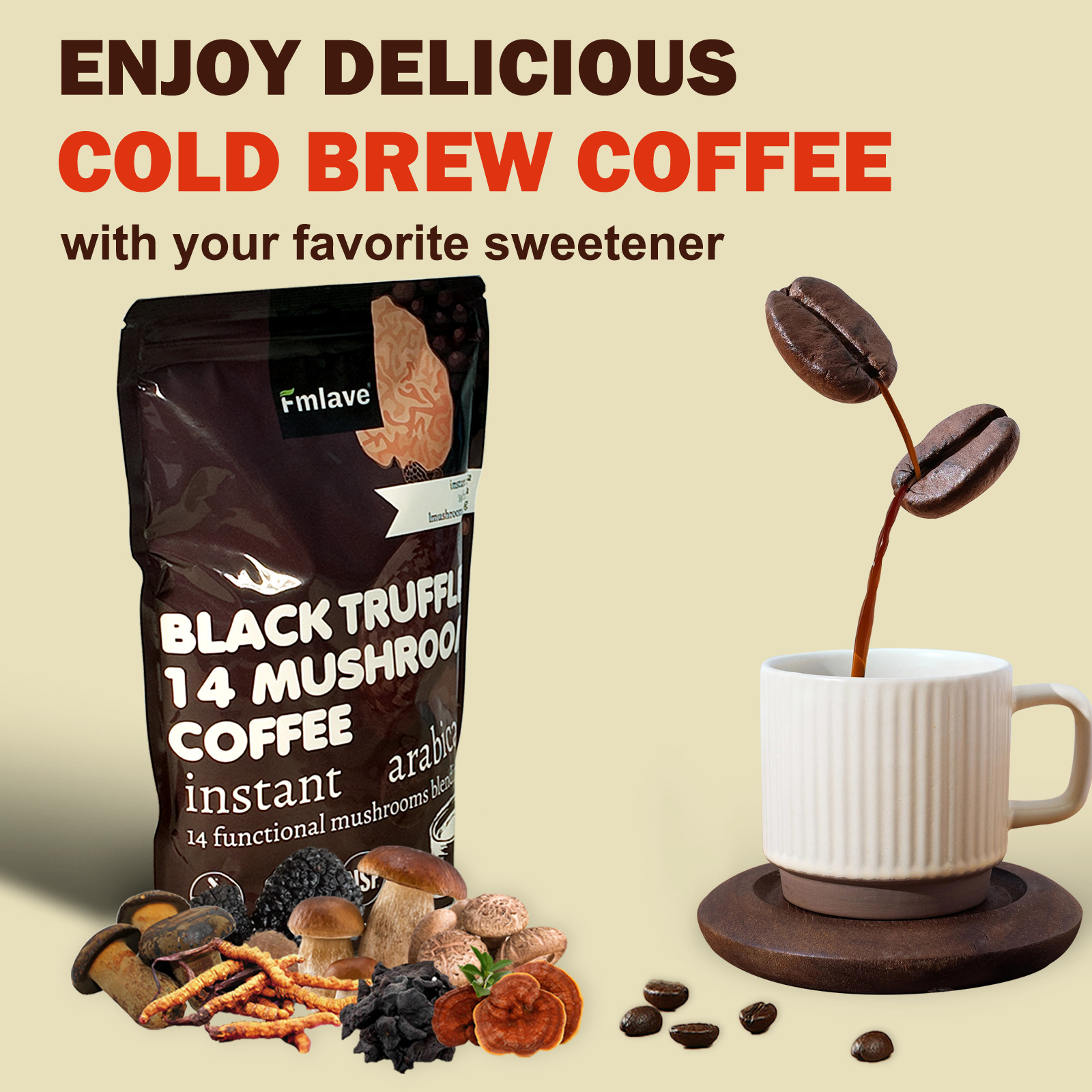 Organic Mushroom Coffee Instant Coffee, 14 Mushroom Extract Energy & Brain Boost