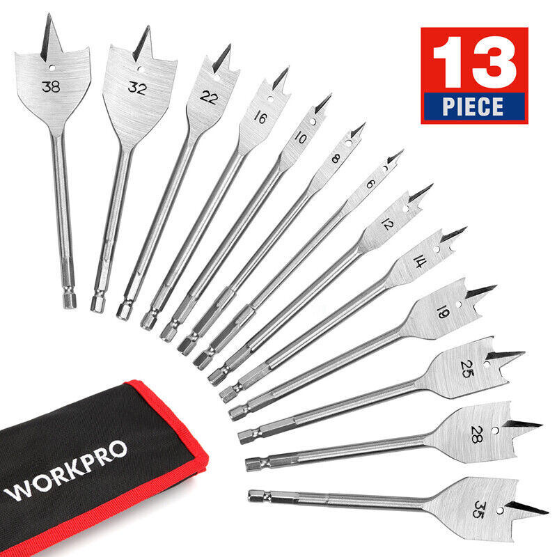 WORKPRO 13-Pieces Spade Drill Bit Set Alloy Steel with Nylon Storage Pouch