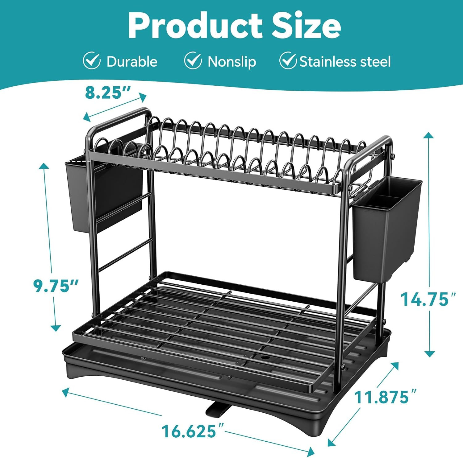 Stainless Steel 2 Tier Dish Rack Holder Kitchen Counter Drainer Board Black 12×1