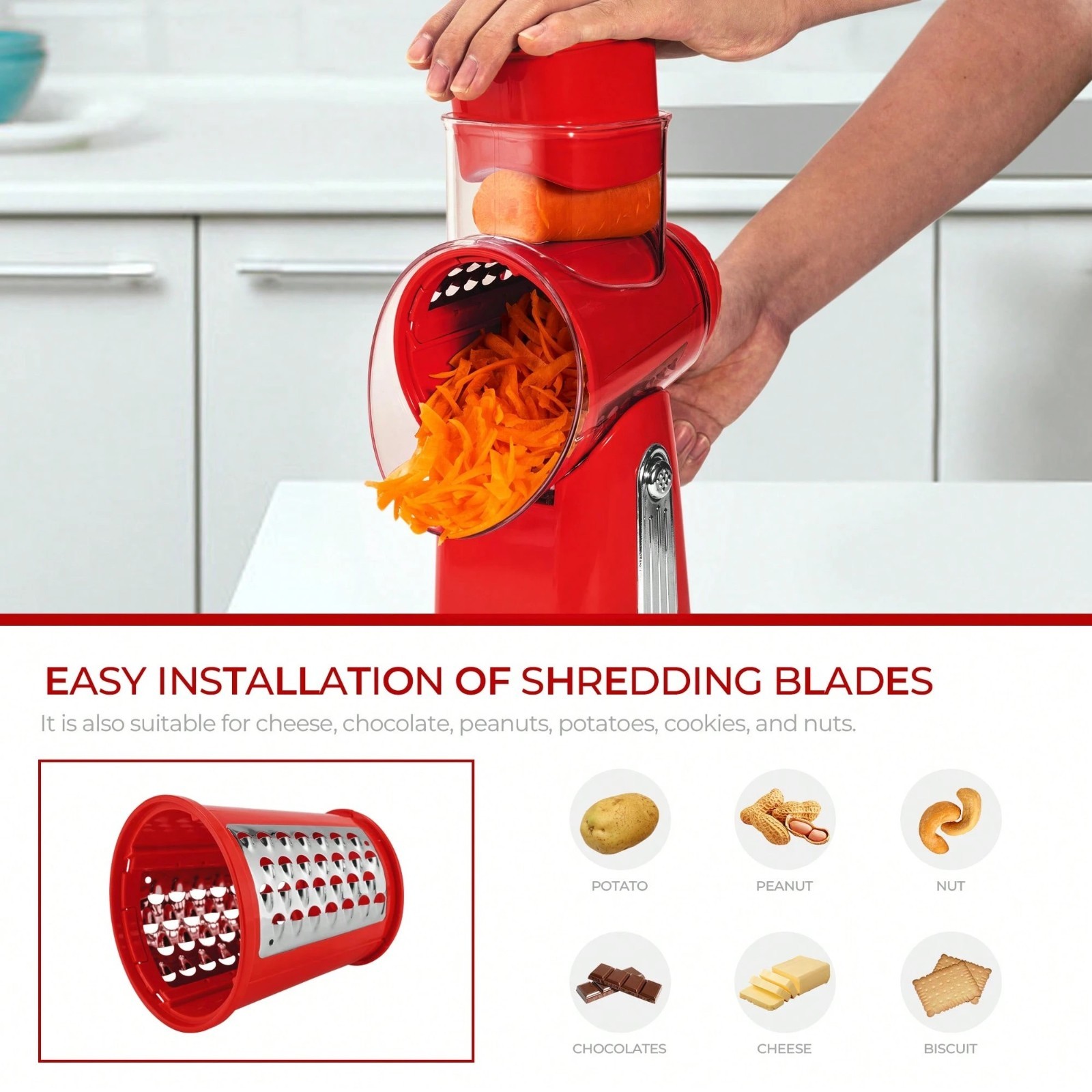 SUSTEAS Rotary Cheese Grater with 5 Blades & Storage Box Sleek Vegetable Shredde