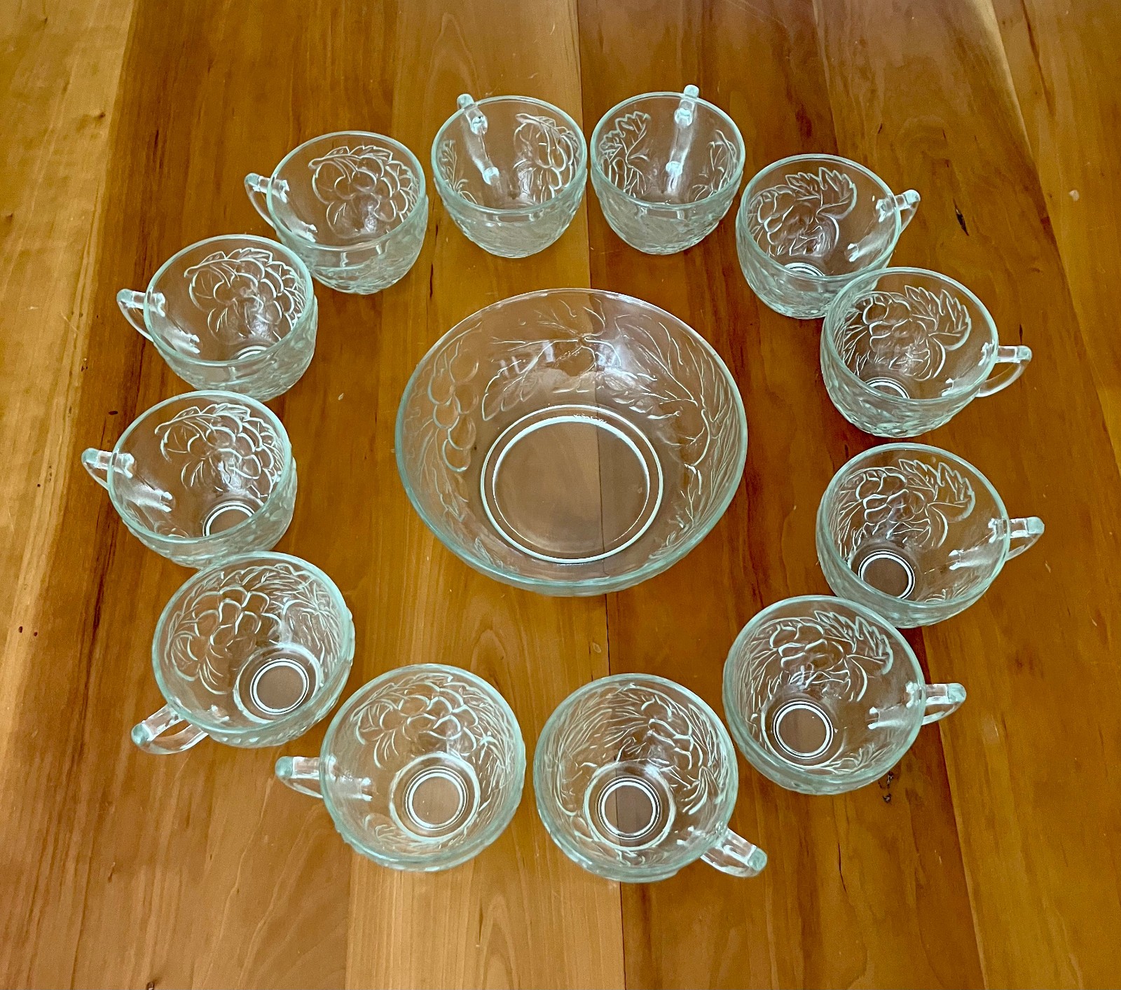 Vintage KIG Malaysia Embossed Clear Glass Grape Leaf Design 12 Punch Cups + Dish