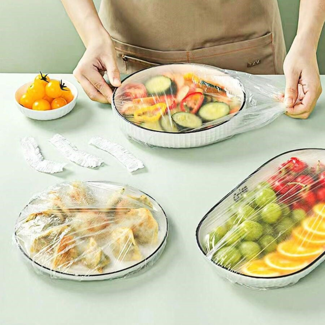 100Pcs Food Cover Disposable Plastic Wrap Elastic Food Covers For Fruit Bowl Cup