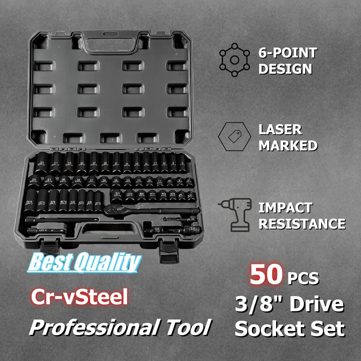 Bourvill 50Pcs 3/8 Drive Impact Socket Set SAE Metric 6 Point Cr-V Steel Case NE