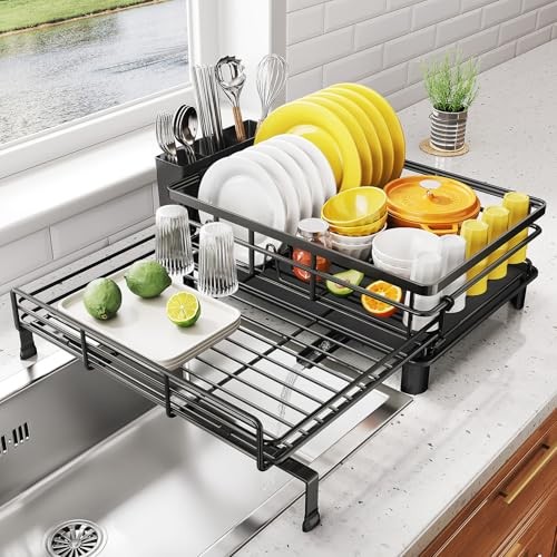 Dish Drying Rack – Extendable Dish Rack, Large Sink Drying Dish Drainer Black