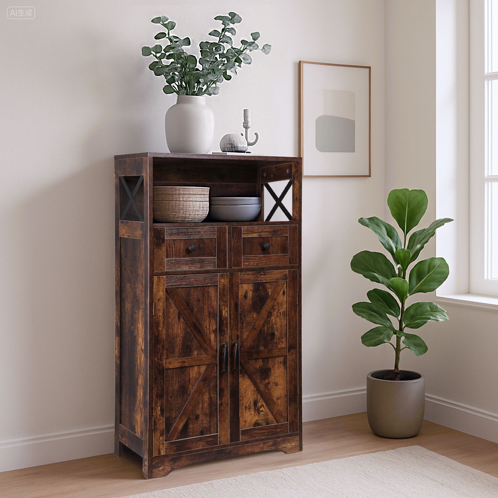 Brown Storage Cabinet with Doors & Drawers Freestanding Kitchen Pantry Cabinet