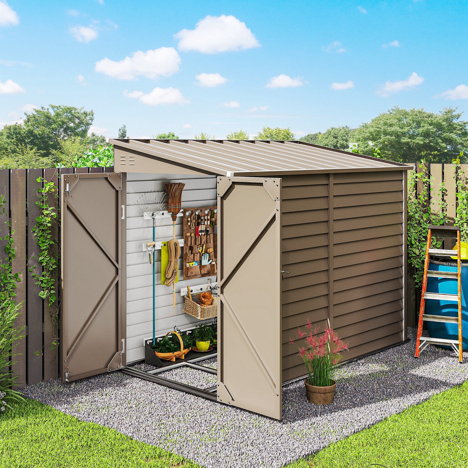 4.6′ x 9′ Metal Outdoor Storage Shed with Lockable Doors, Brown
