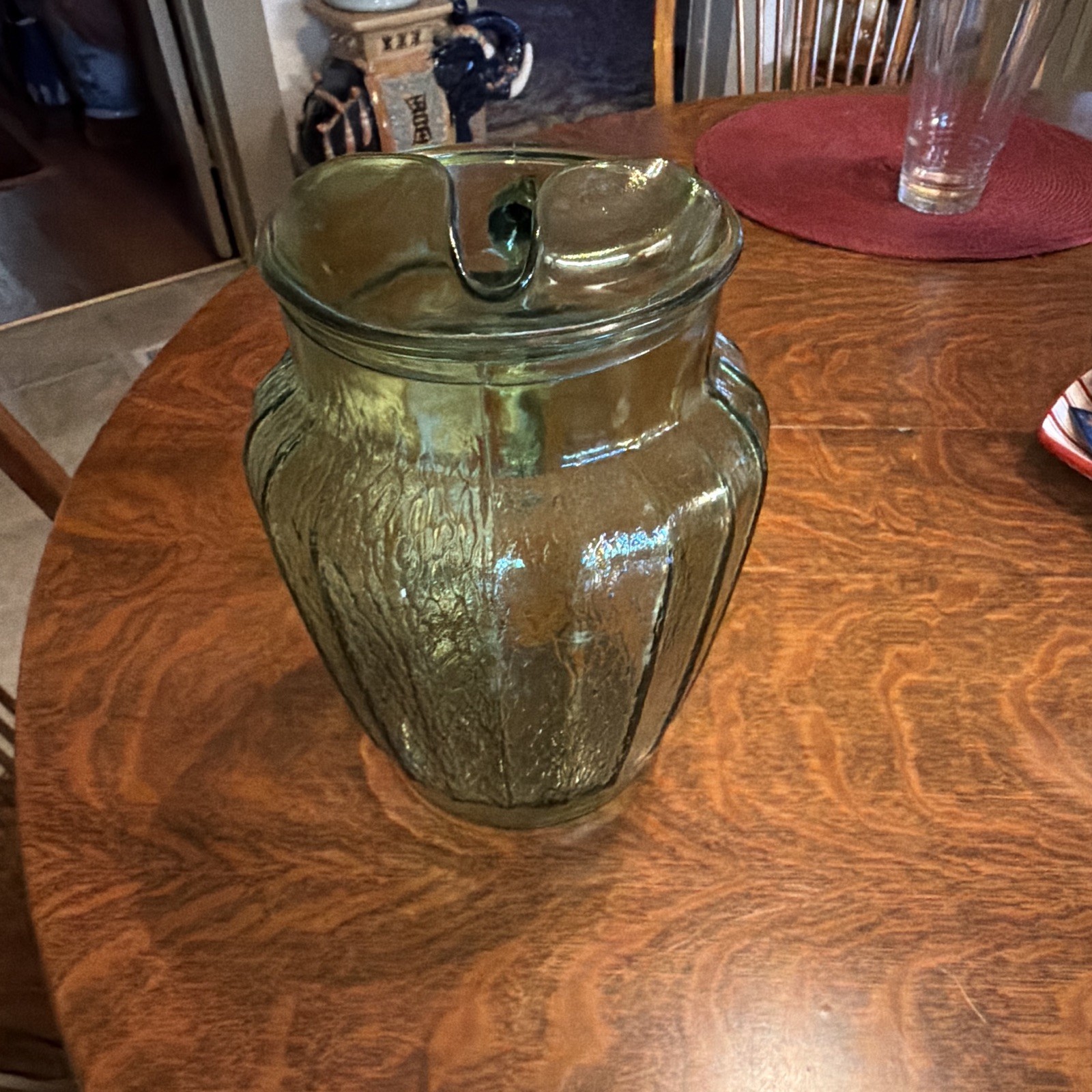 Green Glass Textured Handled Pitcher 2 qt Vintage Glossy Finish 8.5 in