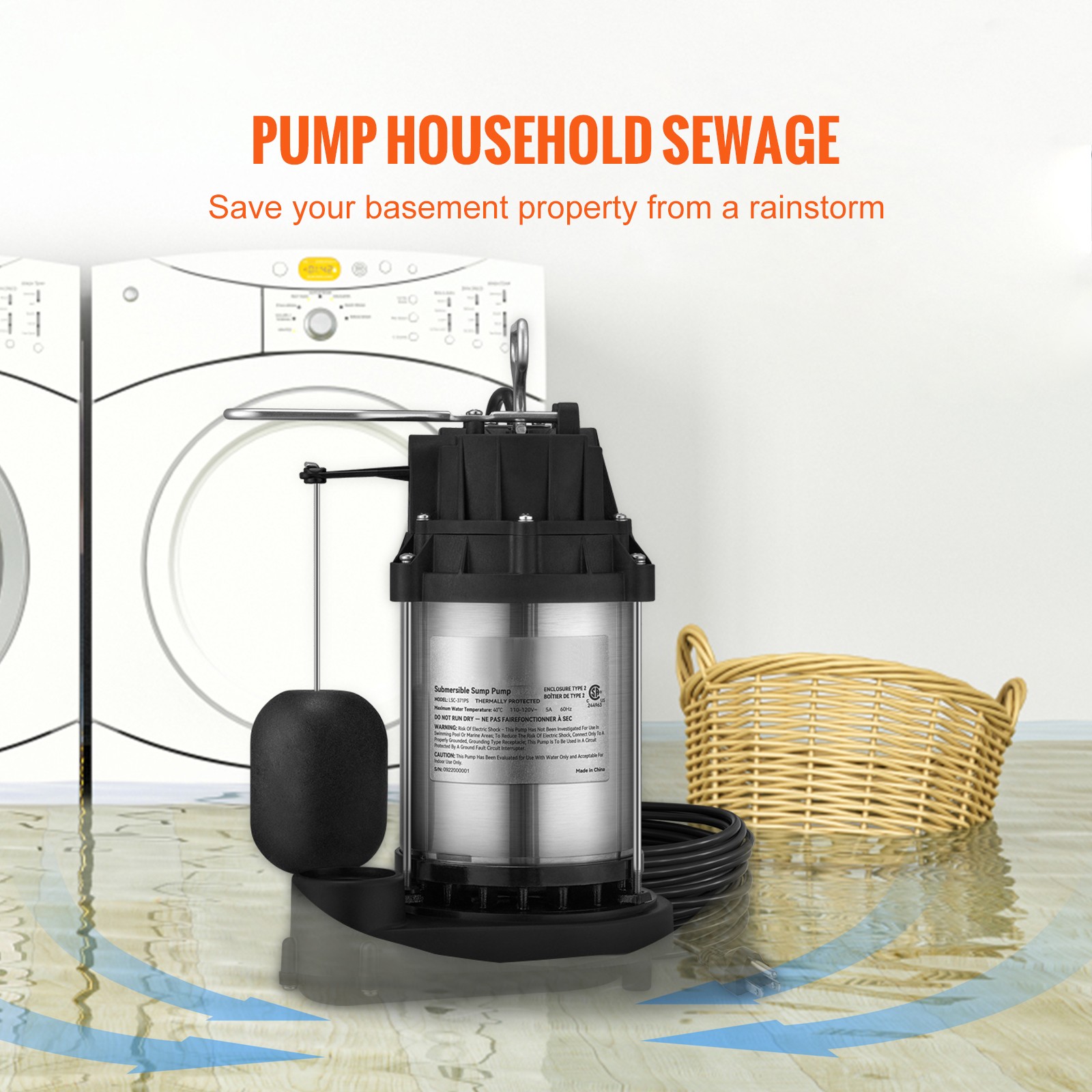 VEVOR Submersible Sump Pump Water Pump 1/2 HP 4320GPH Cast Iron Steel Basement