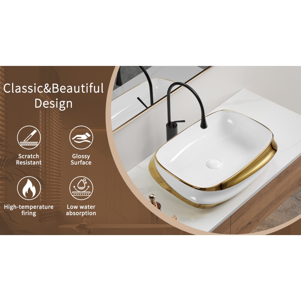 24X17 Ceramic Bathroom Vessel Sink Above Counter Modern Vanity Art Basin Gold