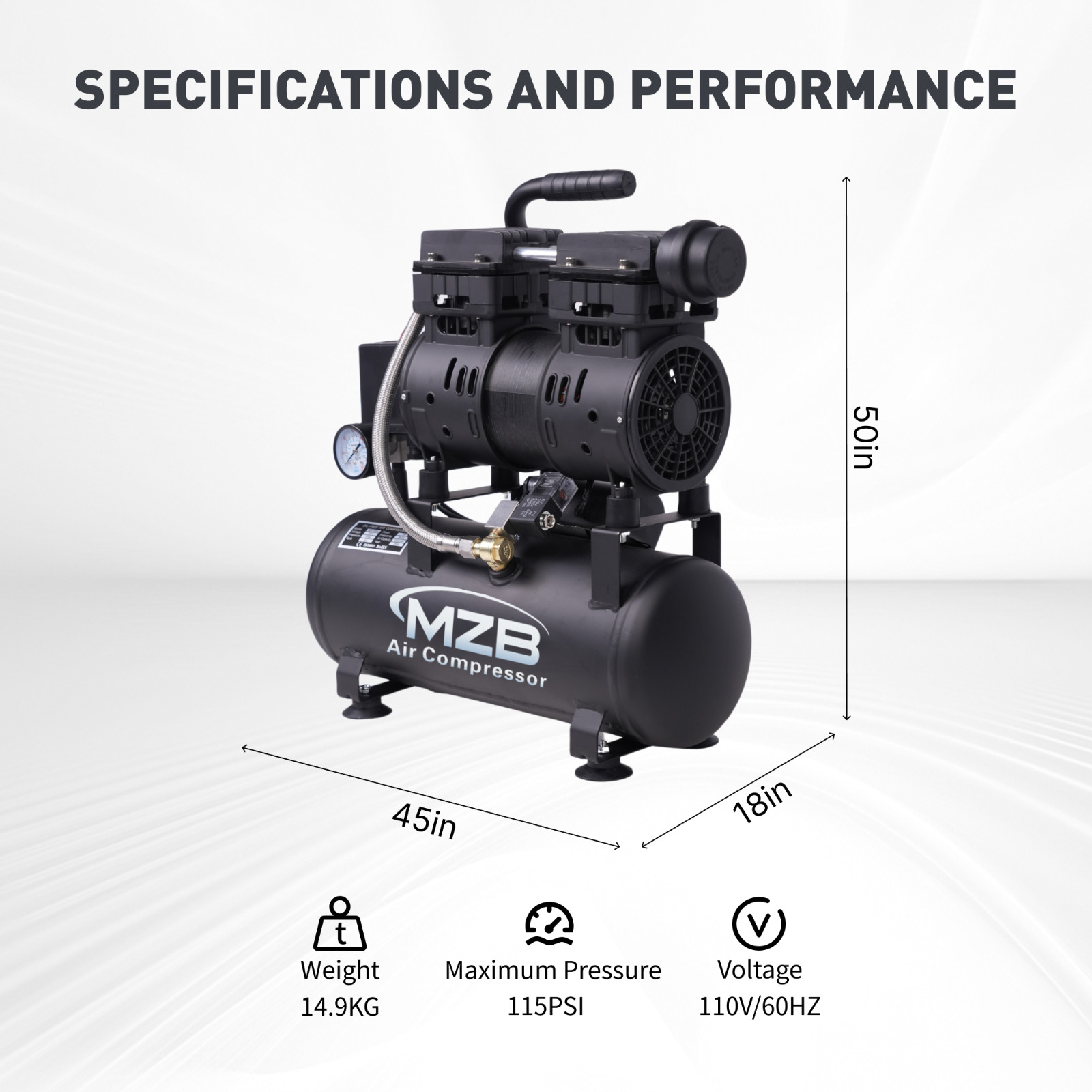 2.4 Gallon Ultra Quiet Air Compressor 110V/60Hz 1.0HP 5.65CFM,70dB Noise Level