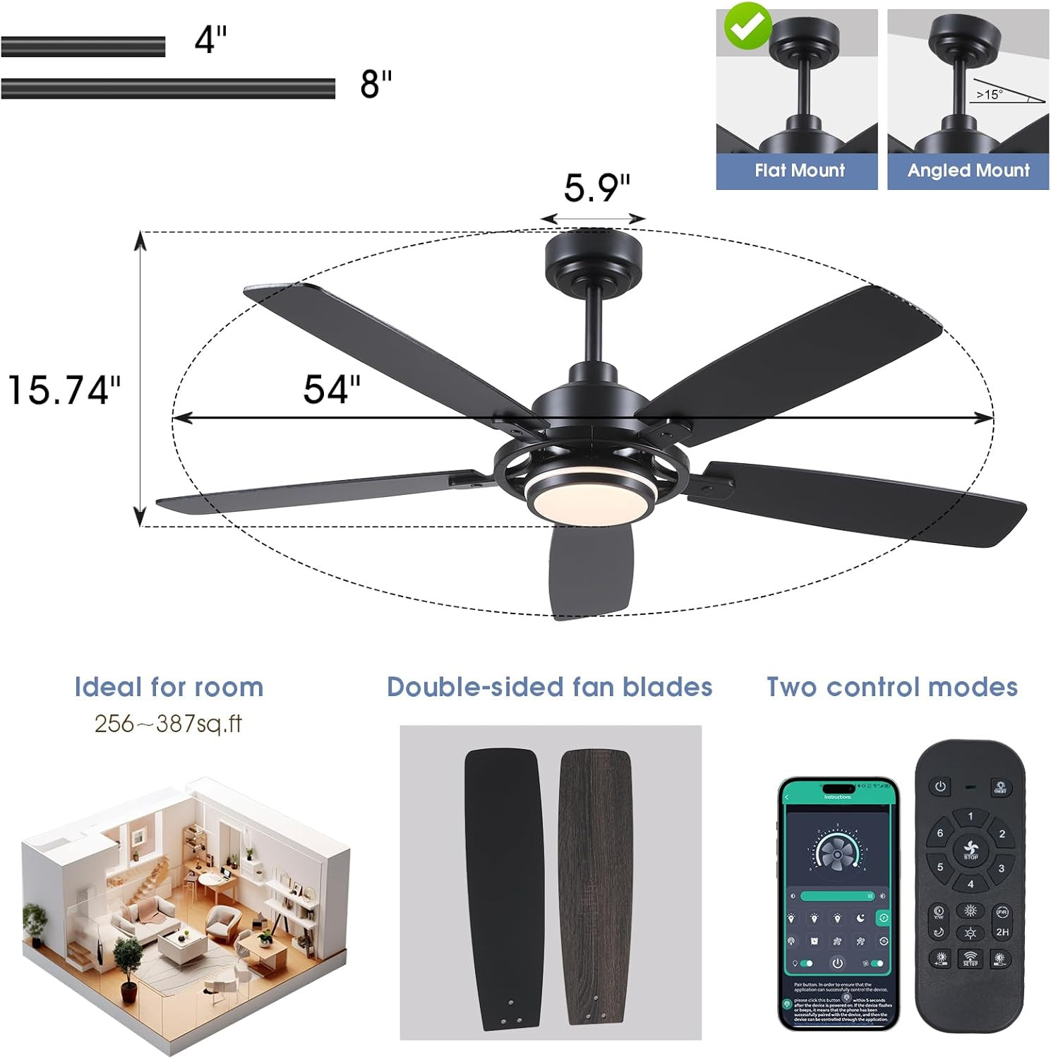 54″ Black Ceiling Fan with Lights & Remote, Quiet DC Motor, 6 Speeds