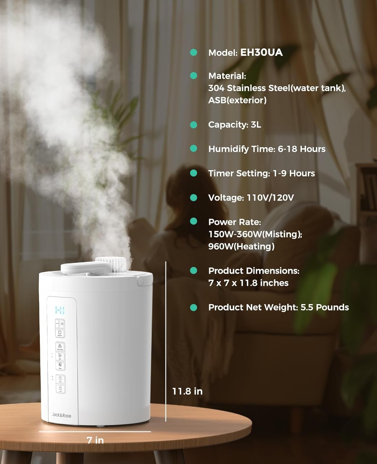 Jack & Rose Warm Mist Humidifier Any Room 3L/100oz Stainless Steel EH30UA