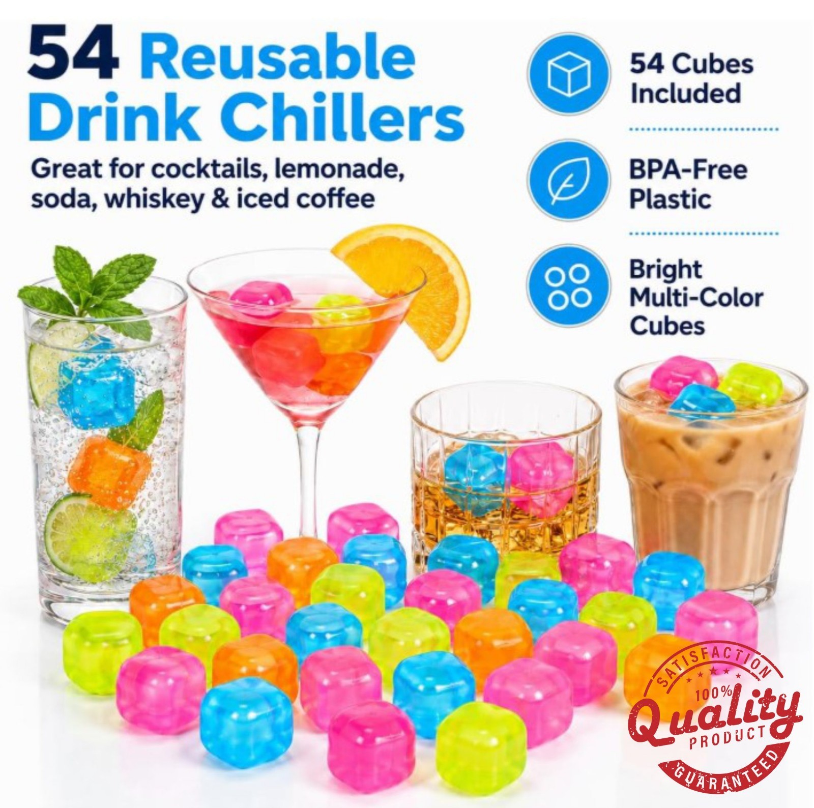 54 Pack Reusable Ice Cubes BPA Free Multi Color Drink Chillers No Dilution