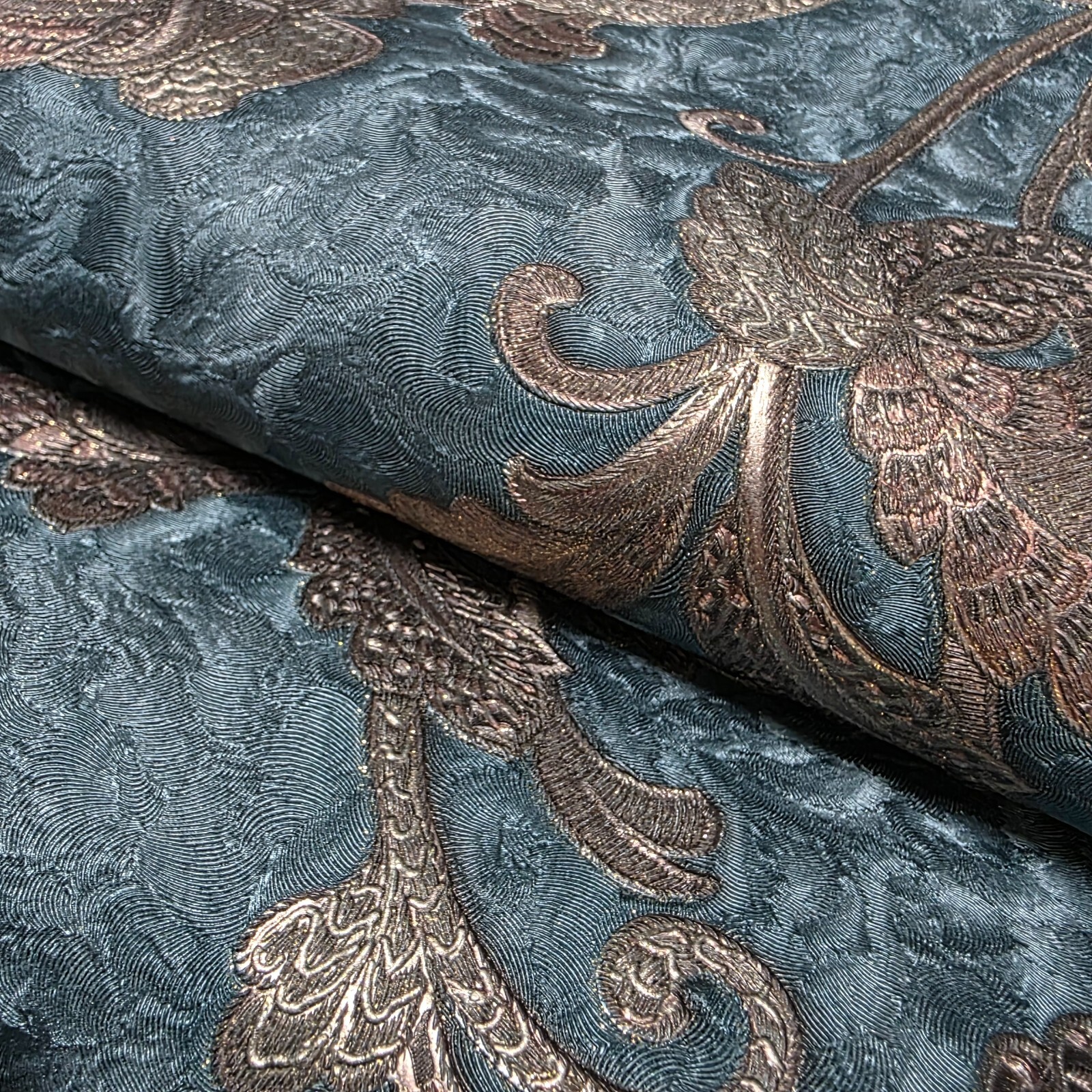 Dark Teal green blue bronze metallic plaster textured floral damask Wallpaper 3D