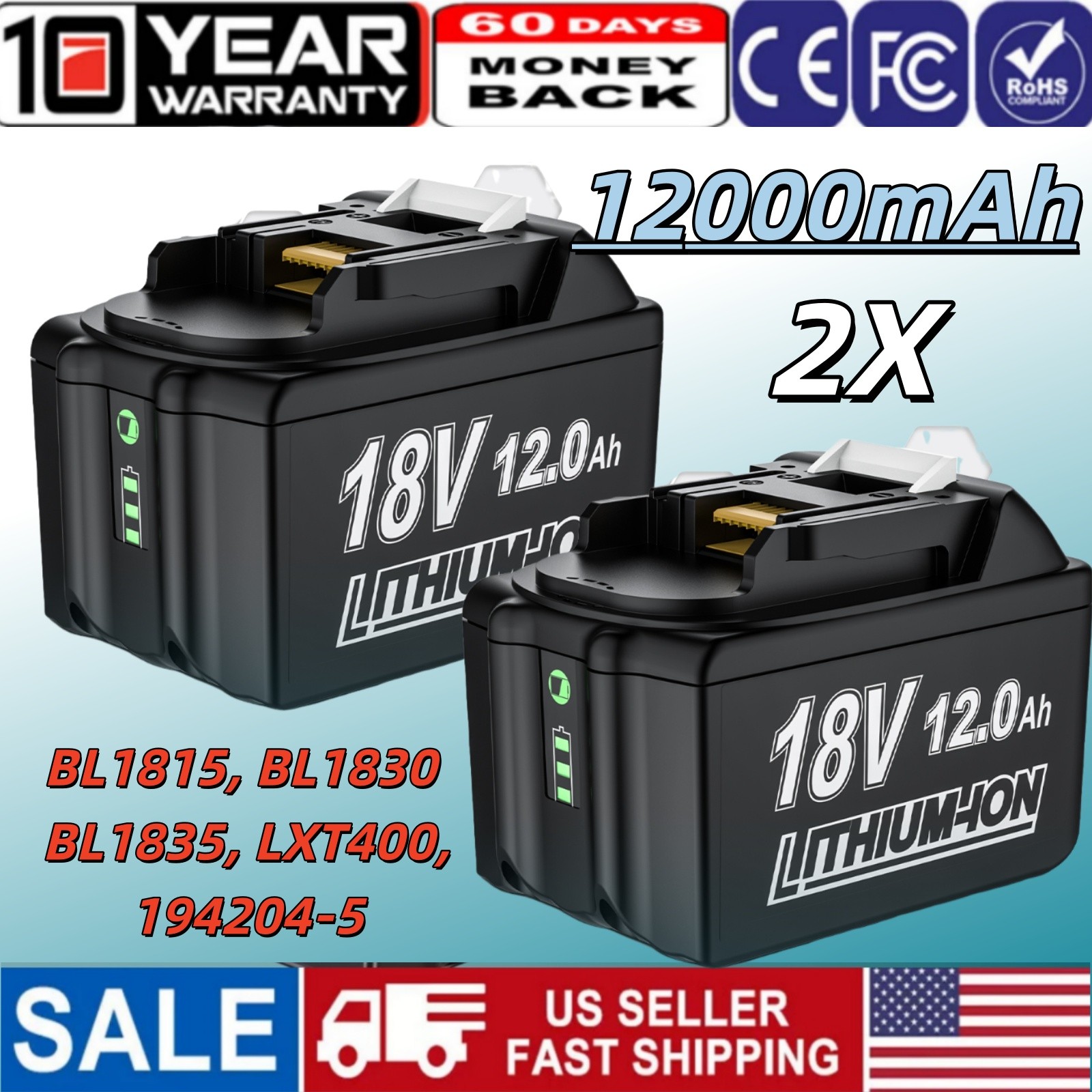 2PACK 18V For Makita 12.0Ah Lithium-Ion LXT BL1830 BL1850 BL1860 Battery tool
