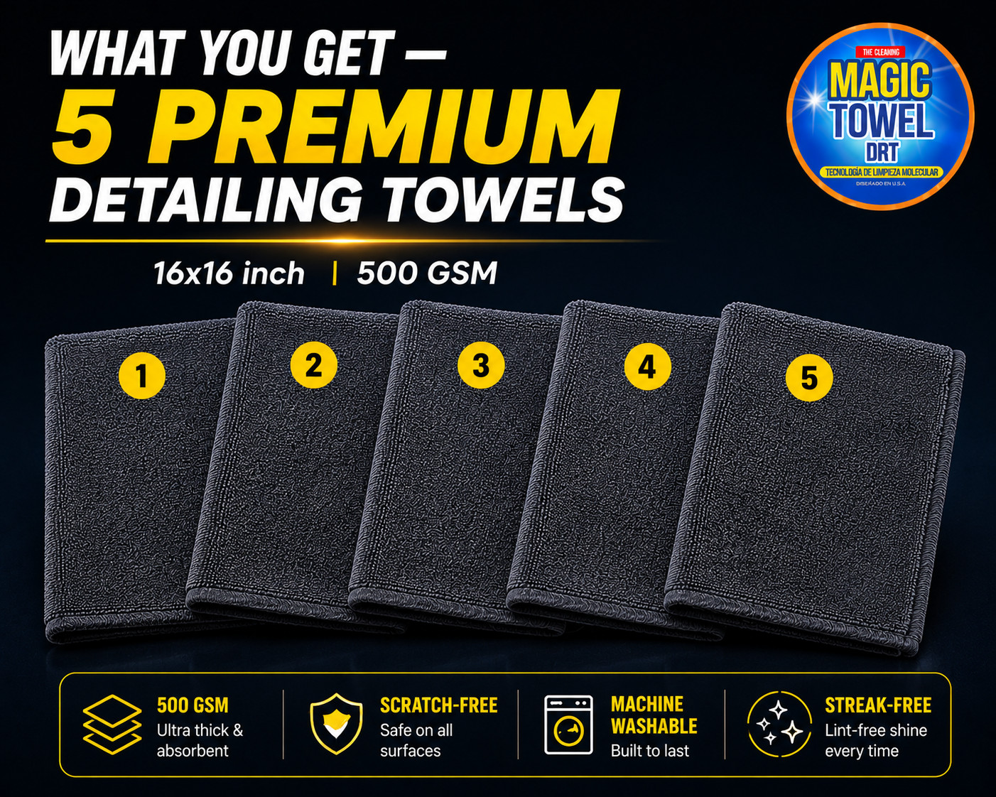 5-Pack Microfiber Car Detailing Towels 16×16 500 GSM Twisted Terry Scratch-Free