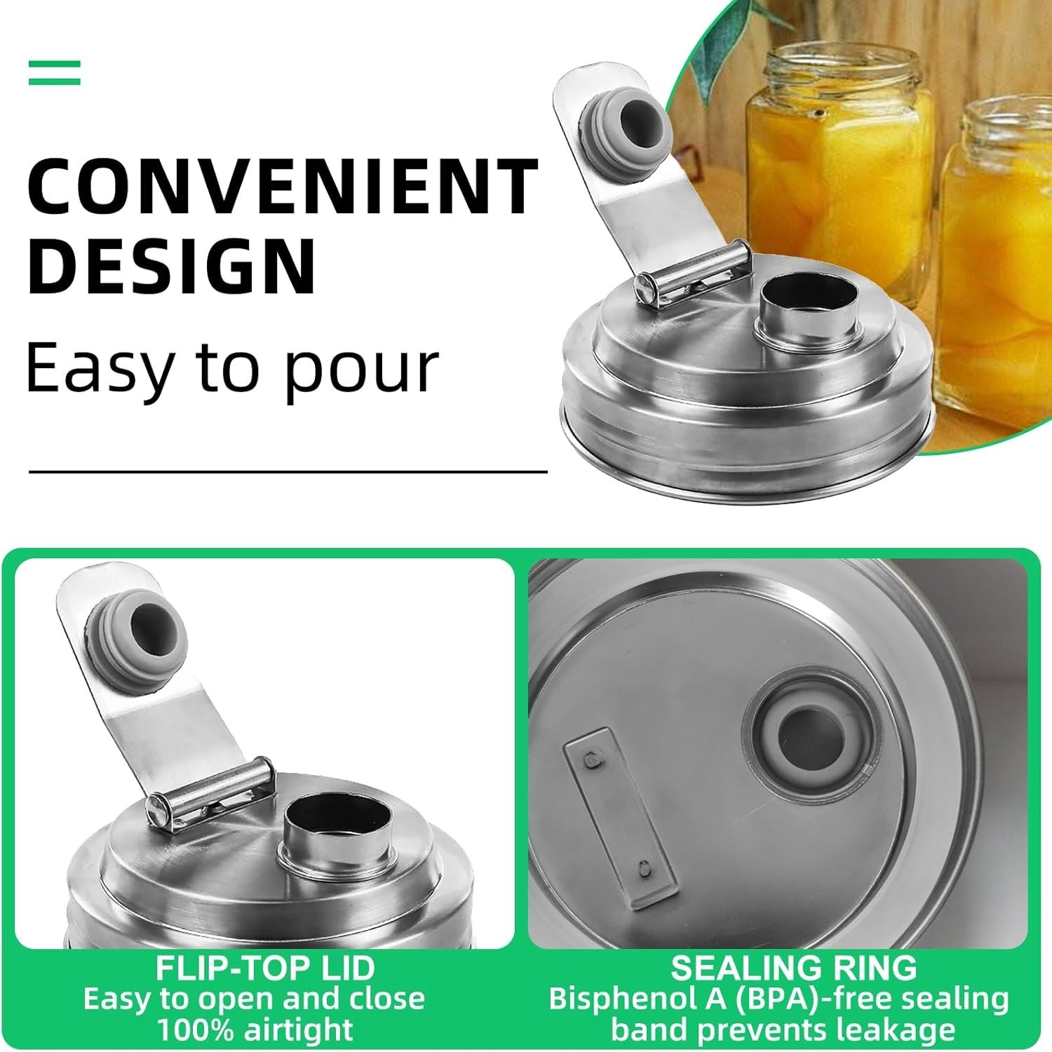 2 Pack Wide Mouth Mason Jar Stainless Steel Pour Spout Lid, Reusable Mason Jar