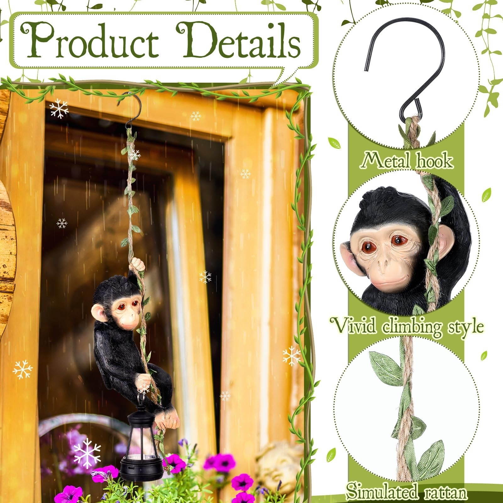 Solar Light Outdoor Monkey Statues Black 7.48 Inch Resin Chimpanzee Baby Monk…