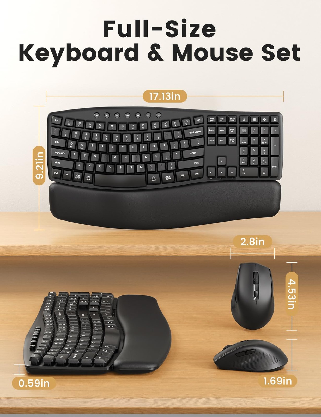 Ergonomic Wireless Keyboard and Mouse Combo, 30dB Quiet Full Size Keyboard Set w
