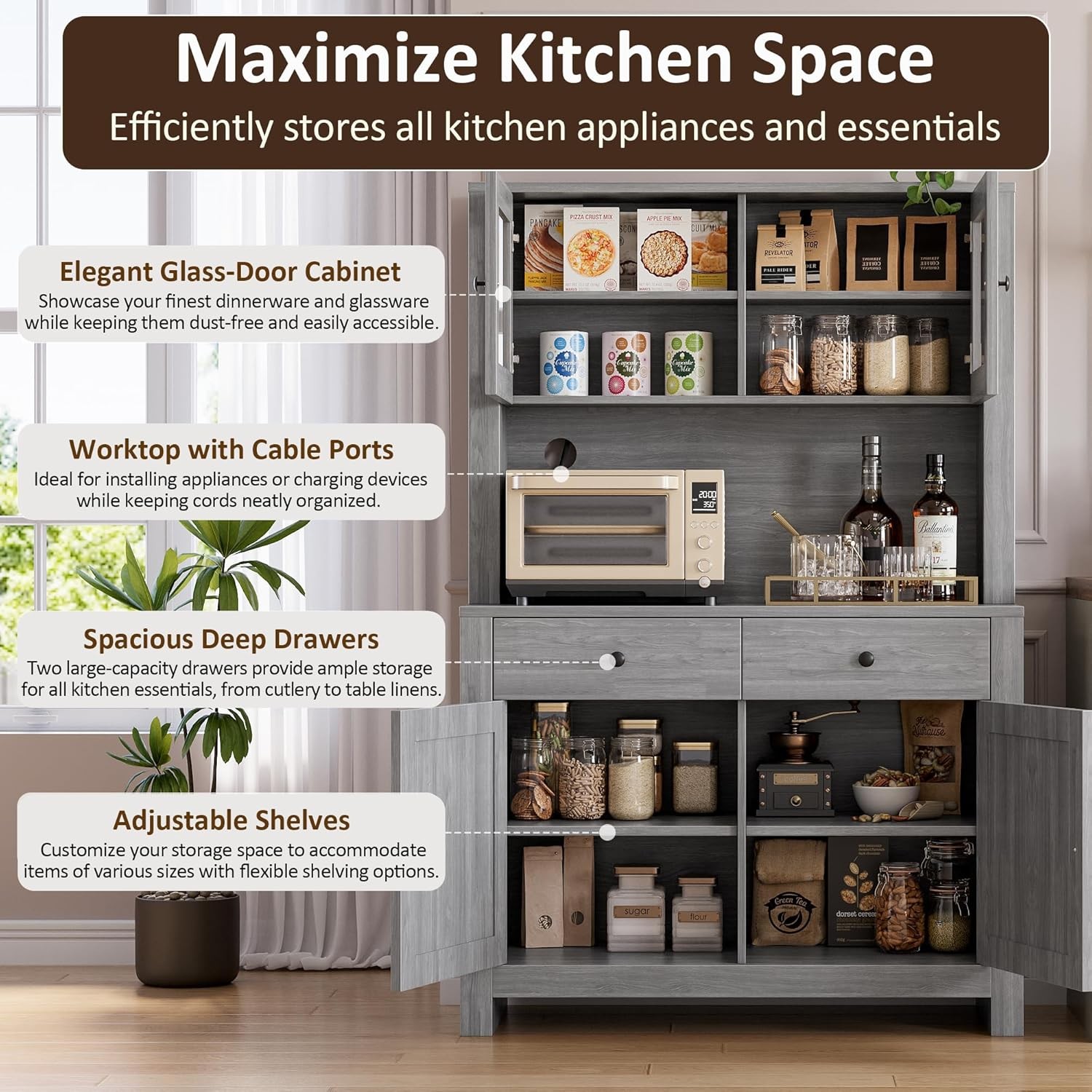 63″ Tall Kitchen Pantry Cabinet with Drawers, Hutch Cabinet with Microwave Stand