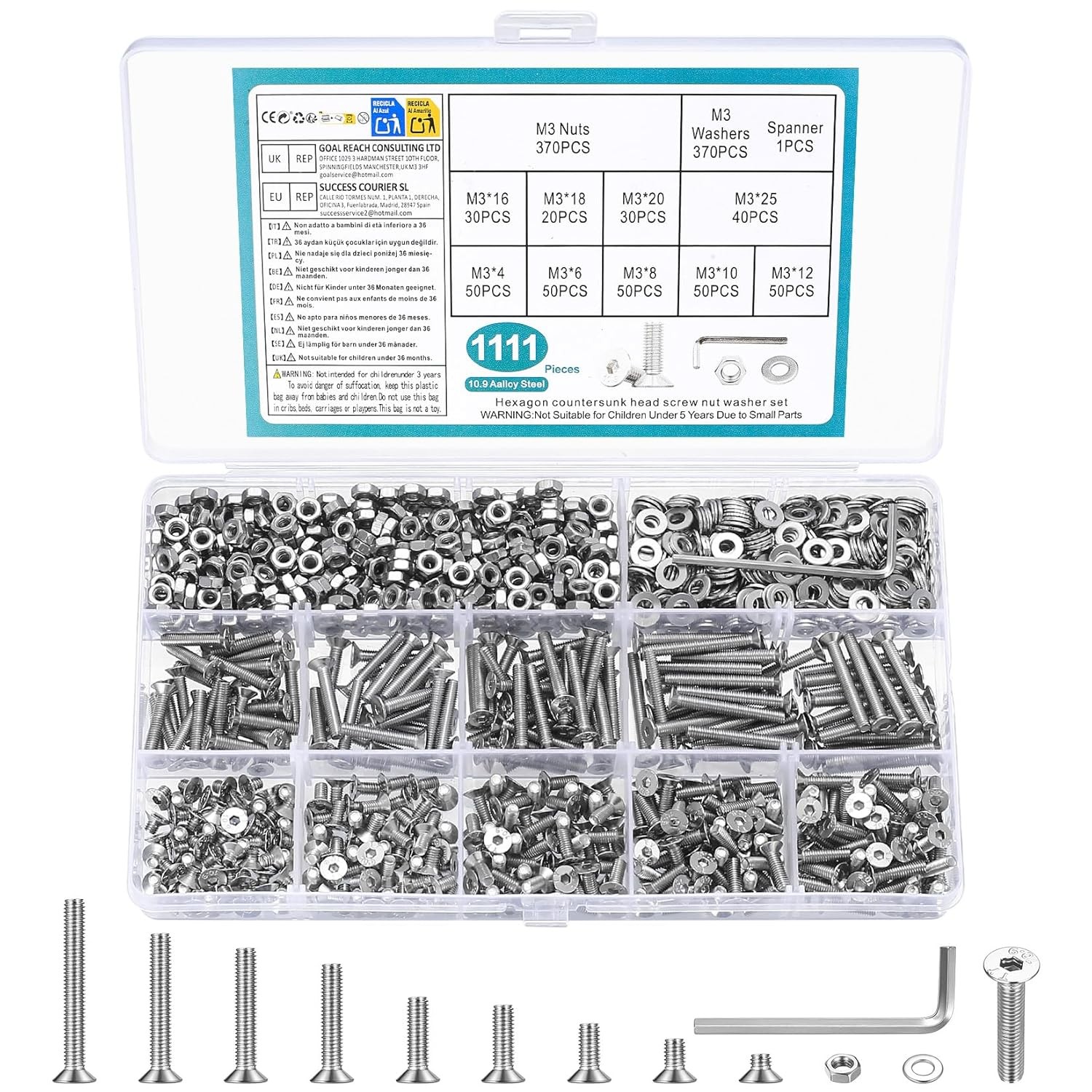 M3M4M5M6M8 Hex Socket Head Countersunk Screws Bolts Nuts Washers Assortment Kit
