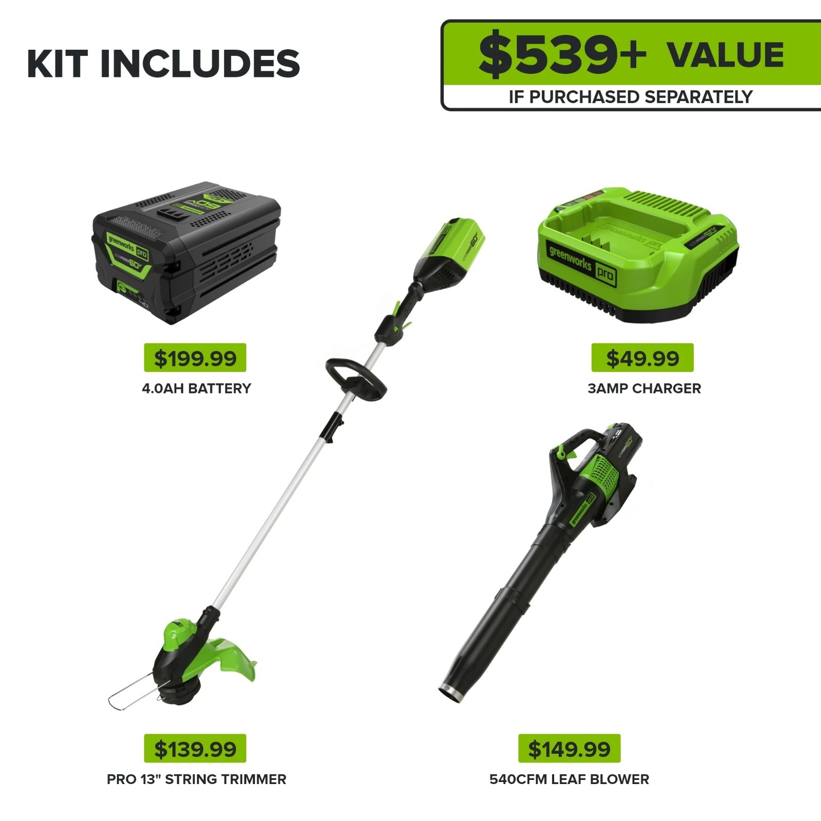 Greenworks 60V 13″ String Trimmer & 540 CFM Leaf Blower w/ 4A Battery & Charger