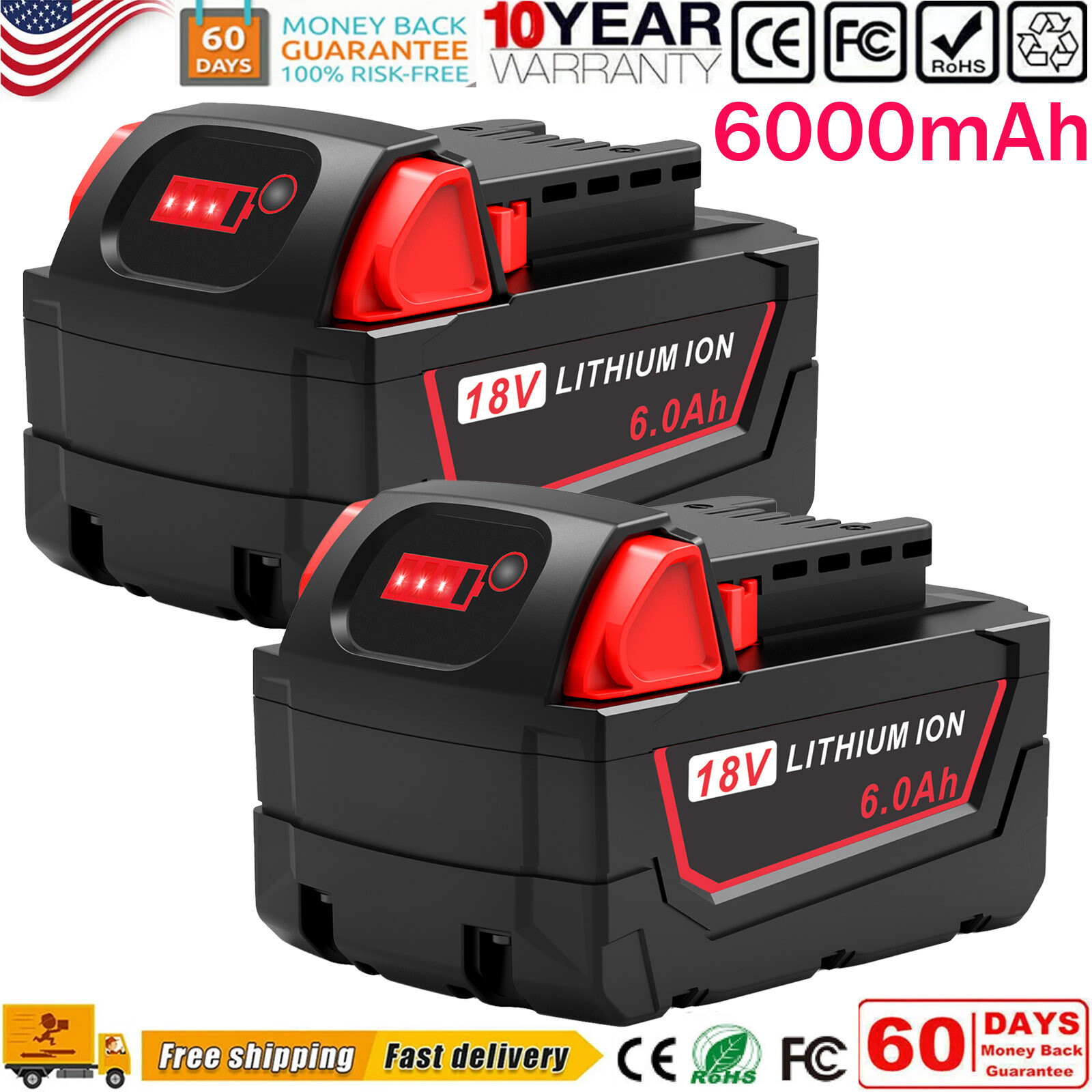 2x 6.0Ah Battery For Milwaukee M18 18V Lithium-ion Extended Capacity 48-11-1860