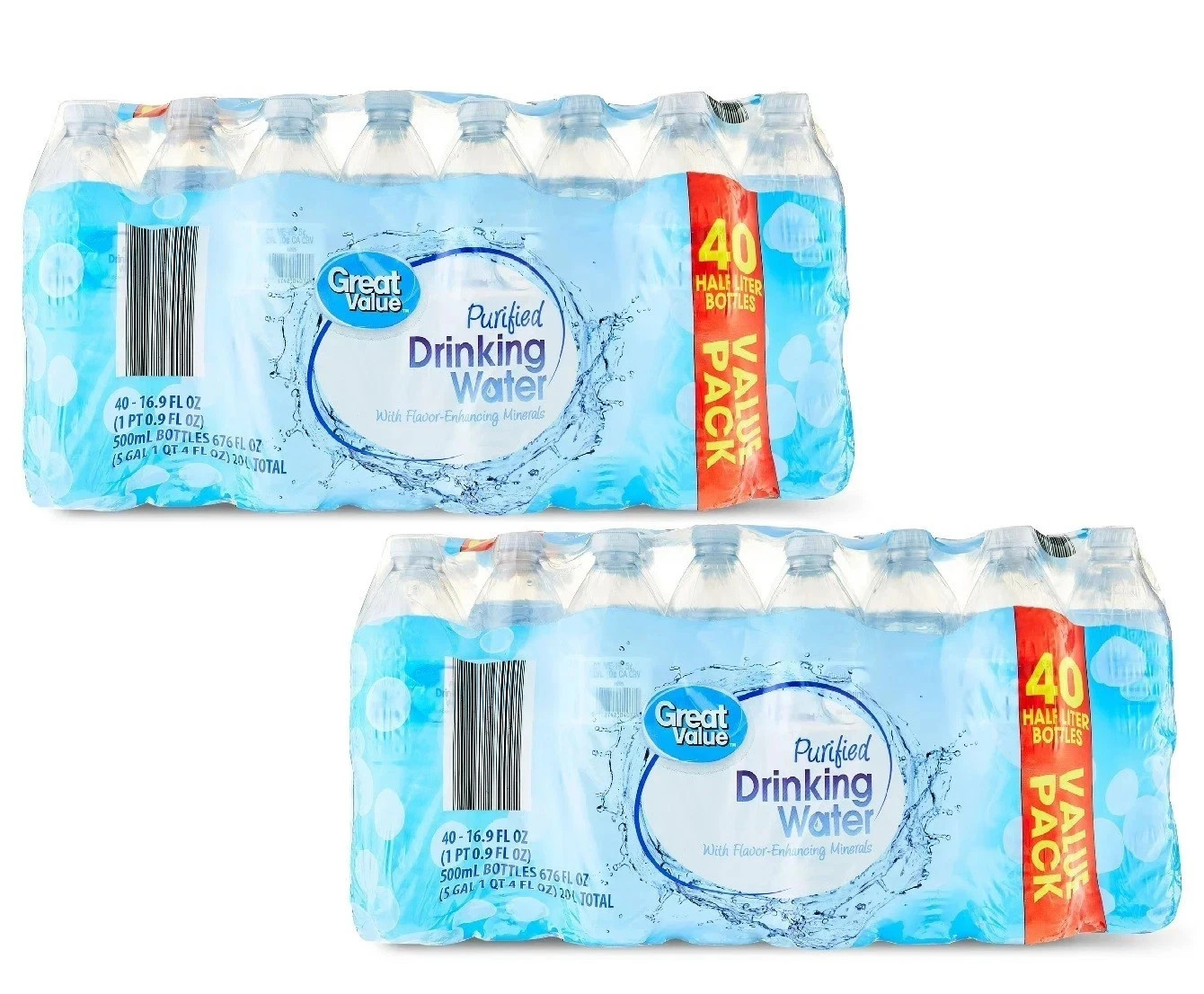 NEW (2 pack) 16.9 Fl. Oz., Great Value Purified Drinking Water, 40 Count