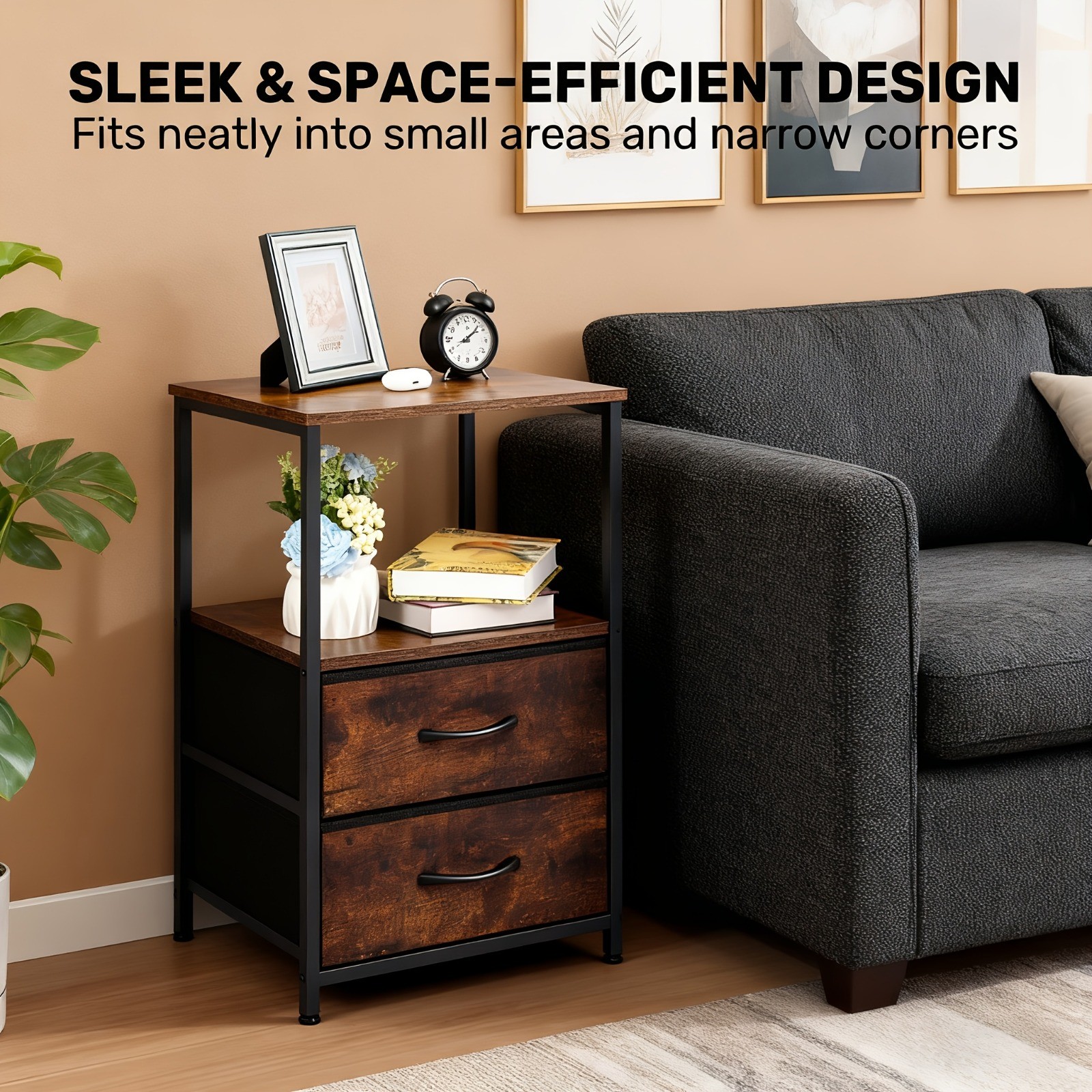 Nightstand Bedside Table W/ 2 Drawers Charging Station Shelf Bedroom Side Table