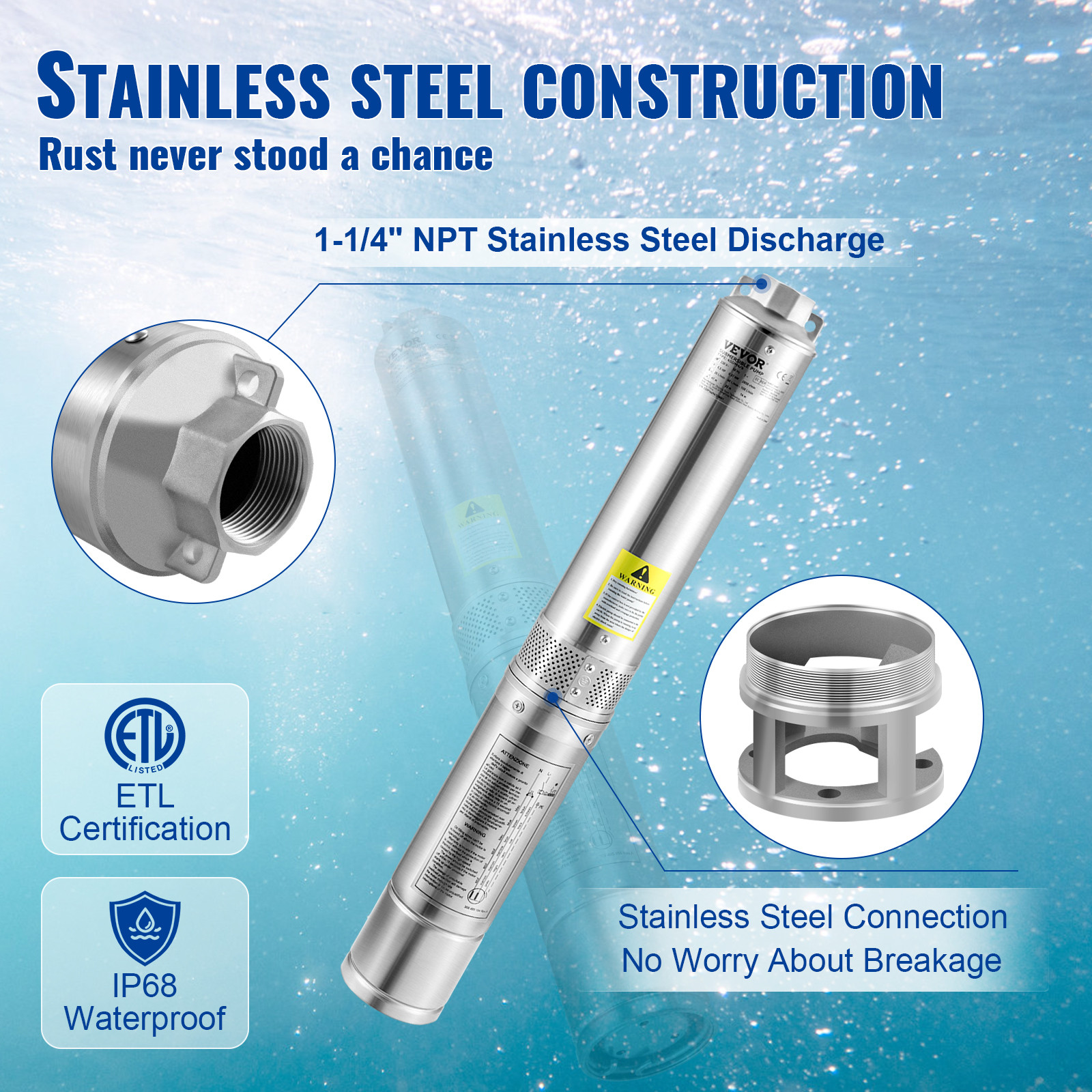 VEVOR Deep Well Submersible Pump Stainless Steel Water Pump 2HP 230V 37GPM 427ft