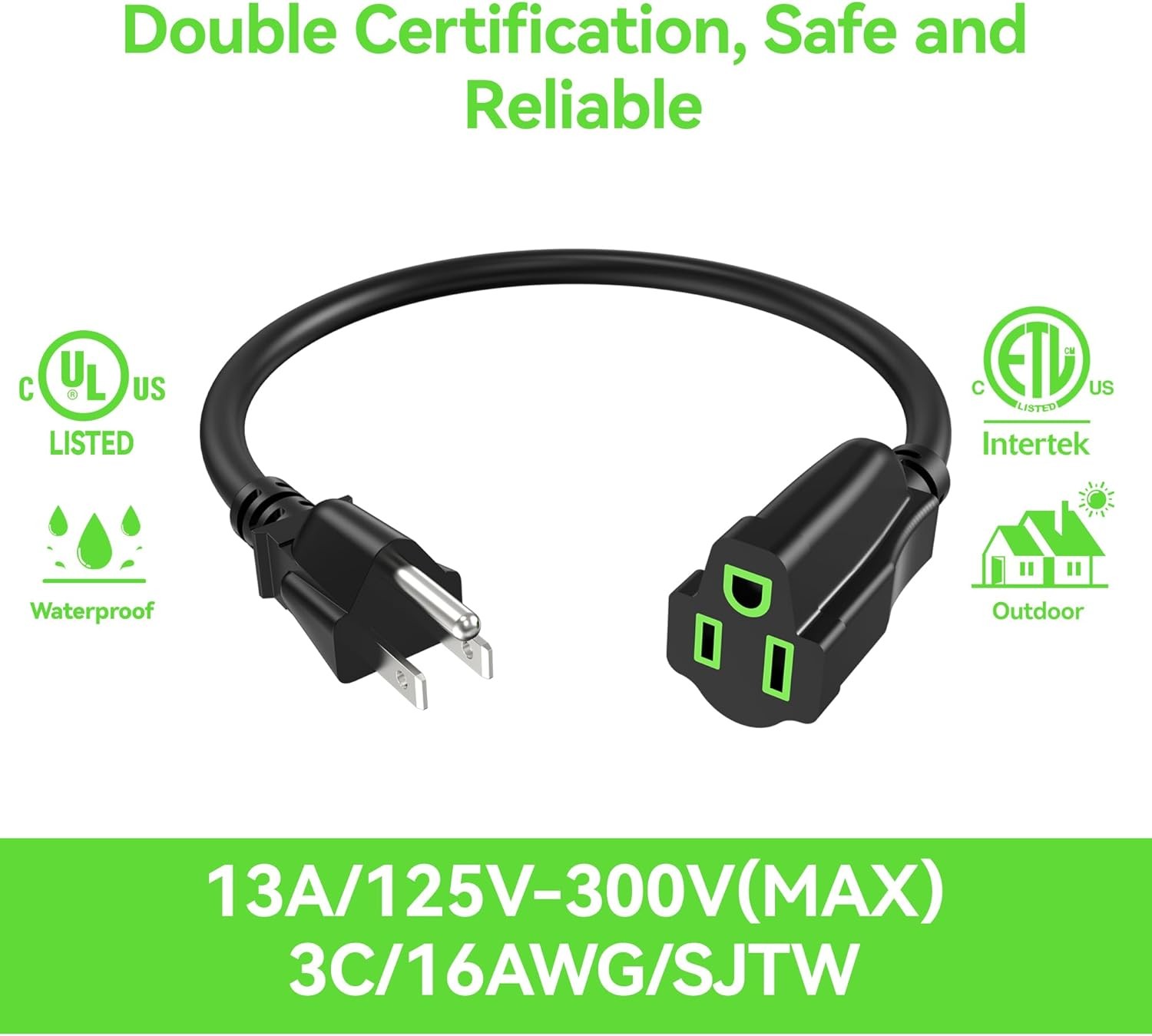 Power Extension Cord 10FT 3 Prong Grounded Electric Extension Cable Outlet Saver