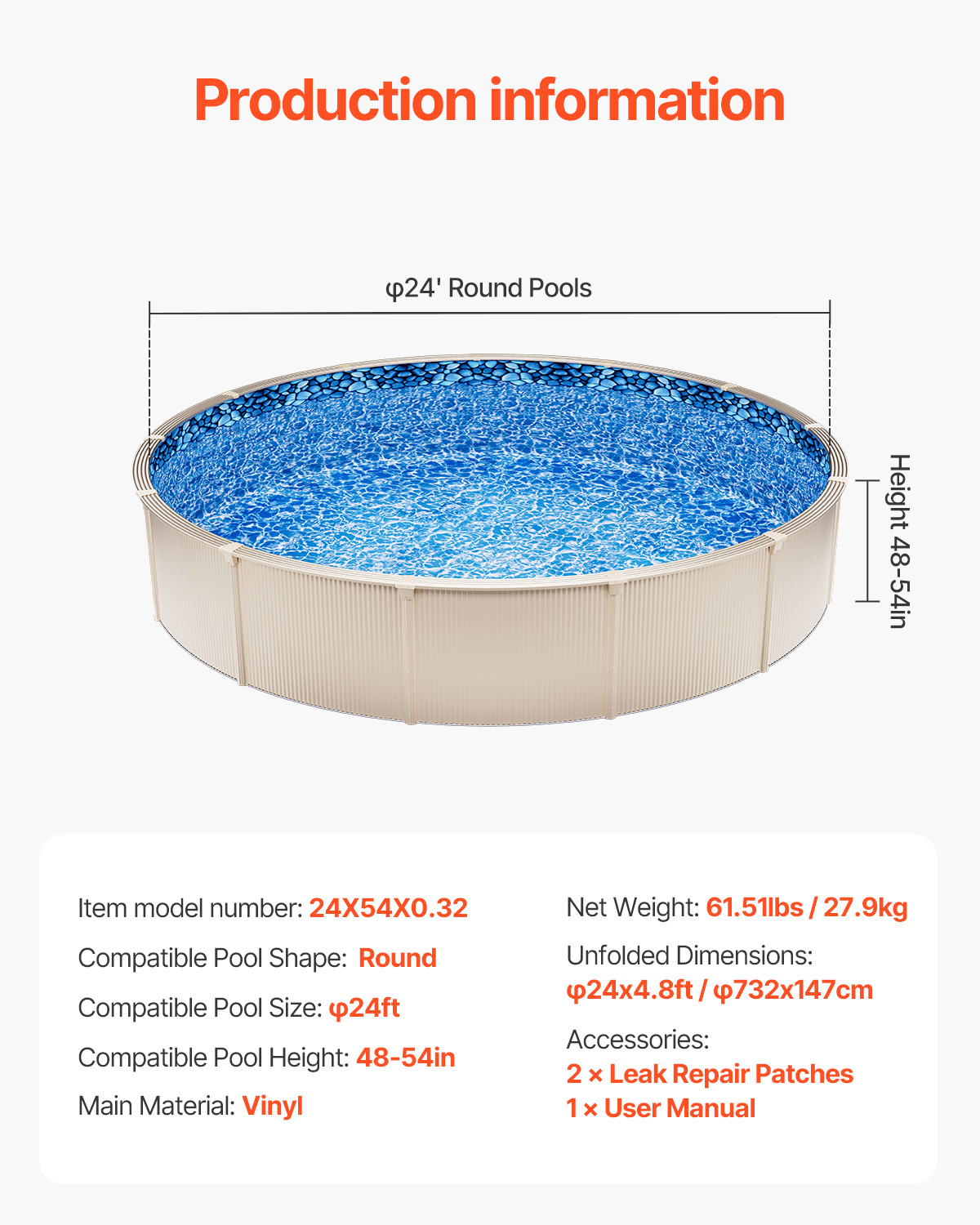 Round Pool Liner 24ft Overlap Style Pool Liner 54in Wall Height Durable