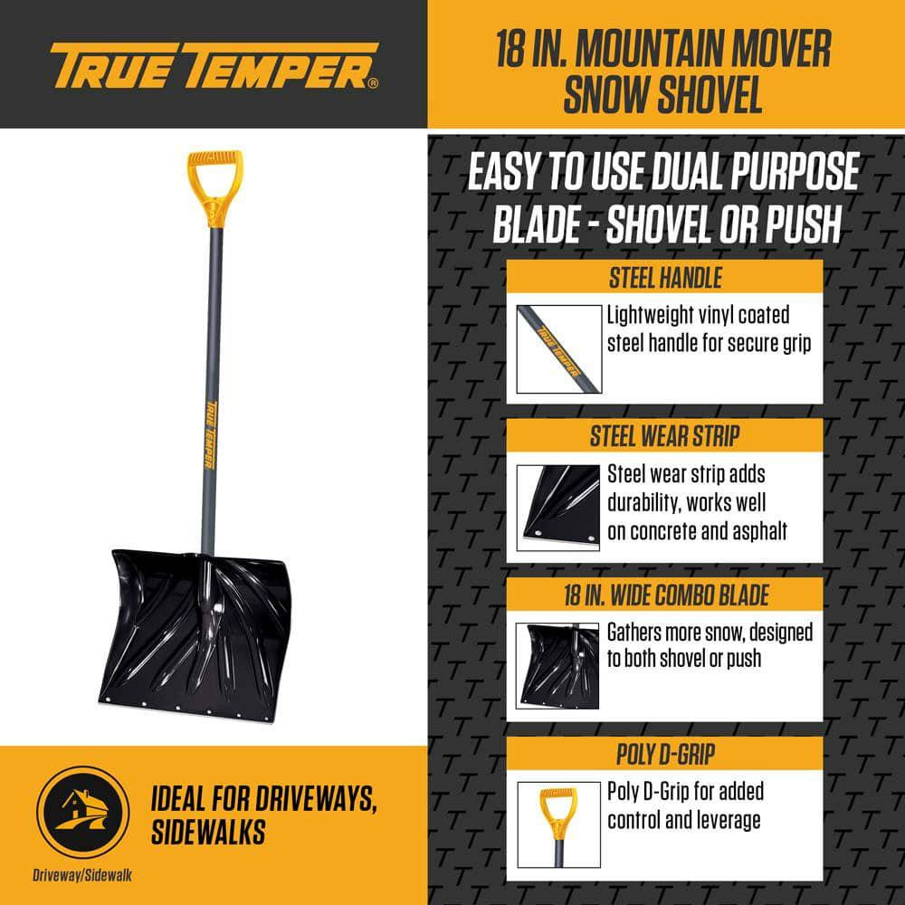 True Temper Mountain Mover Snow Shovel 18in Poly Blade Steel Handle D-Grip