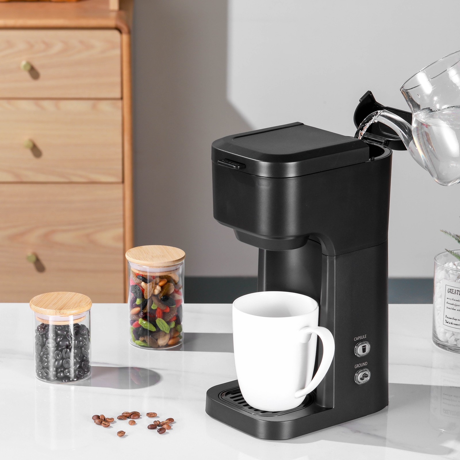Black Matte Dual Brew Coffee Maker, Single Serve, Auto Shutoff, 14 Oz Reservoir