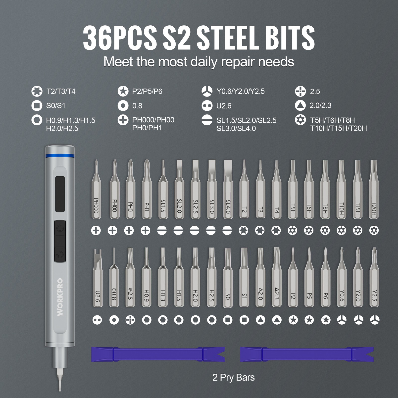 WORKPRO Mini Electric Screwdriver with Magnetizer 36 S2 Steel Bits & 2 Pry Bars