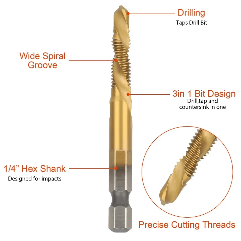 12Pcs HSS Titanium Coated Twist Drill Bit Set M3-M10 Hex Shank For wood Metal