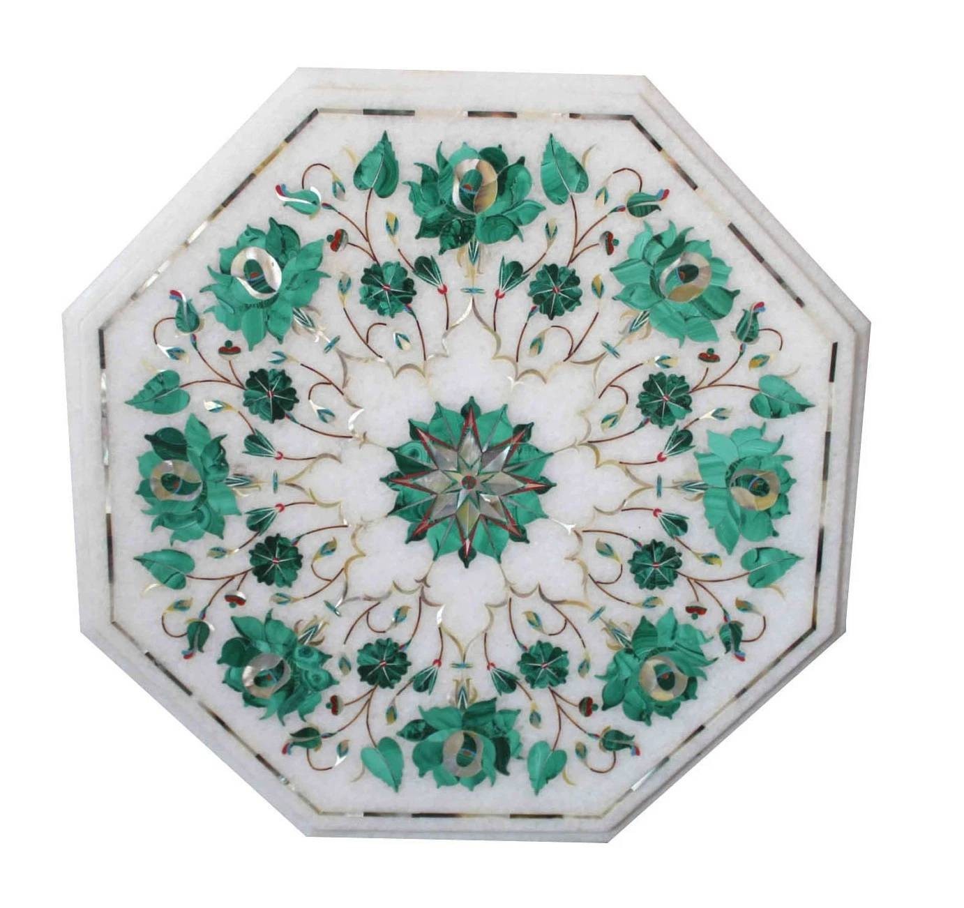 12″ Marble Table top Semi Precious Stones floral malachite inlay home decorative