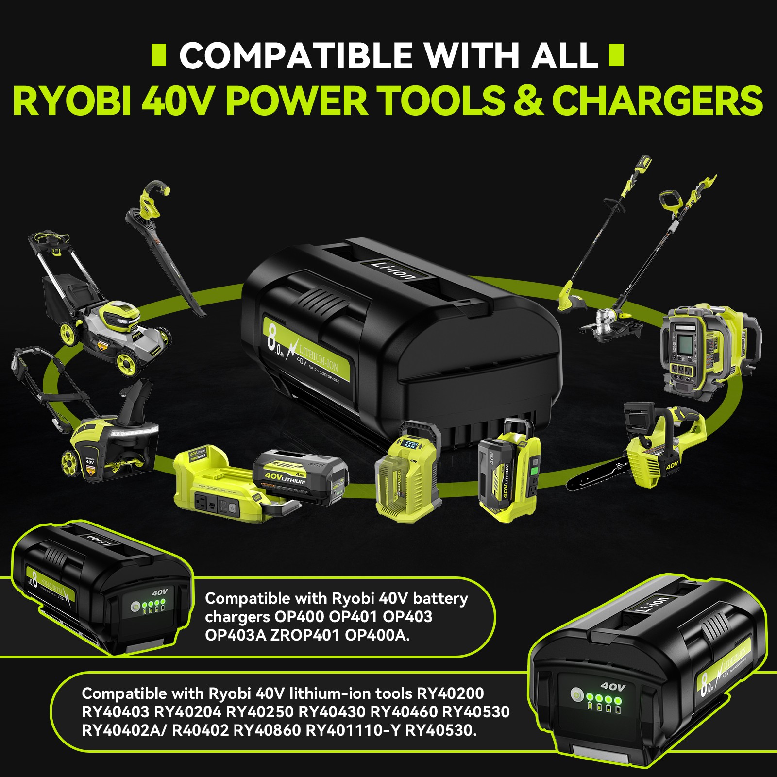 OP4050 For Ryobi 40V Lithium 8000mAh OP40602 OP40261 OP4060 OP4030 8.0Ah Battery