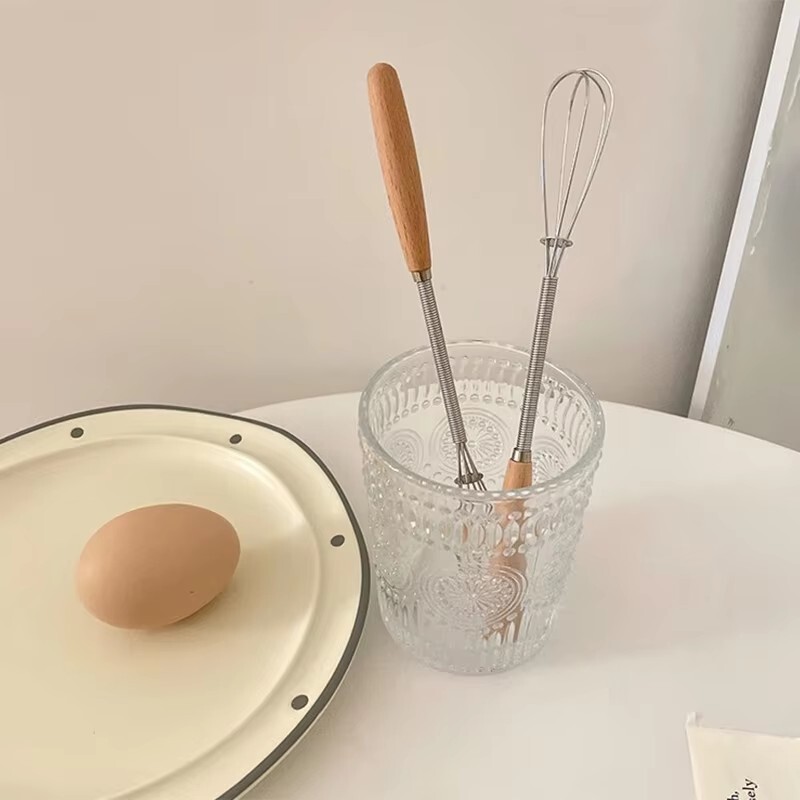 3Pcs Whisk With Solid Wood Handle Kitchen Mini Stainless Steel Egg Beater