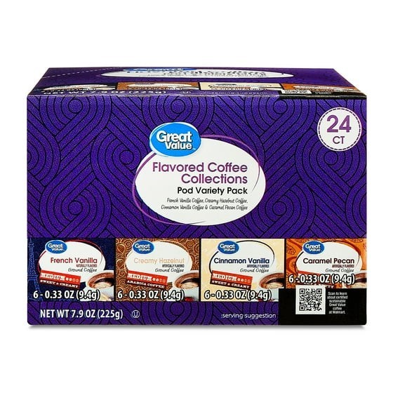 Great Value Flavored Medium Roast Ground Coffee Pods Variety Pack, 7.9 oz, 24 CT