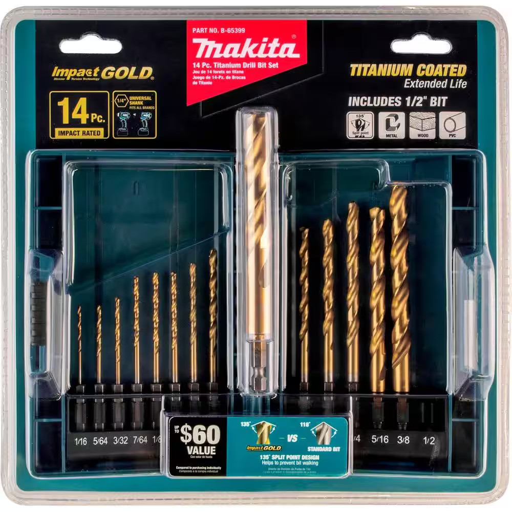 Impact 1/4 In. Hex Shank Gold Titanium Drill Bit Set (14-Piece)