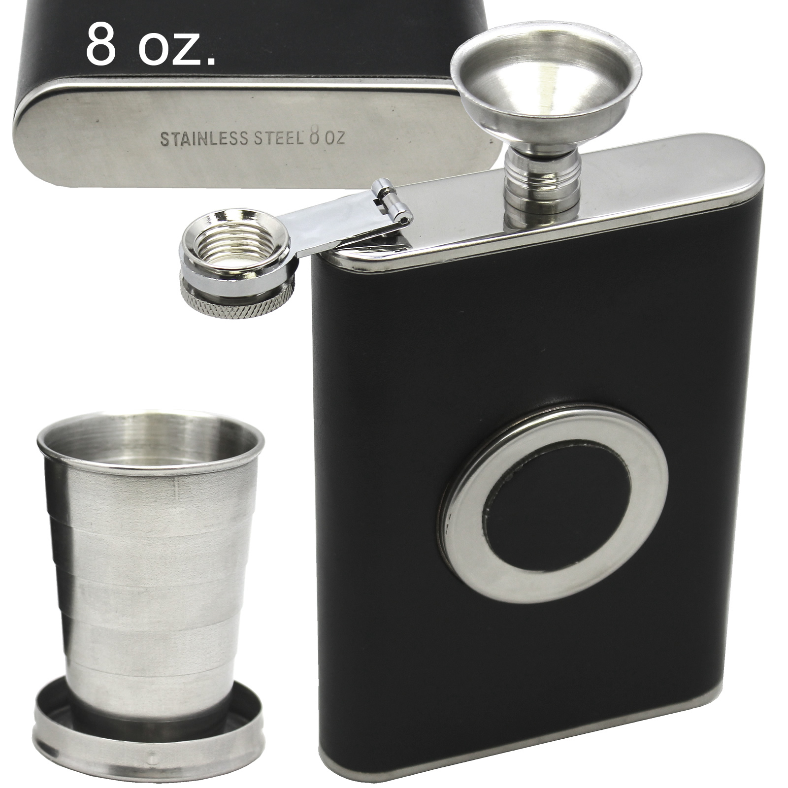 Black FLASK Builtin Collapsible SHOT GLASS Stainless Steel Screw Cap Hip Pocket