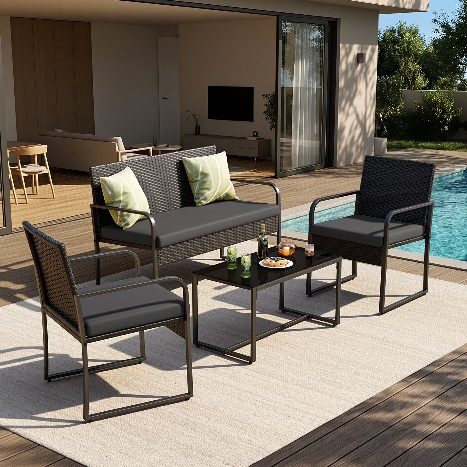 Patio Furniture Set, Outdoor All-Weather Conversation Set for 4 with Wicker Chai