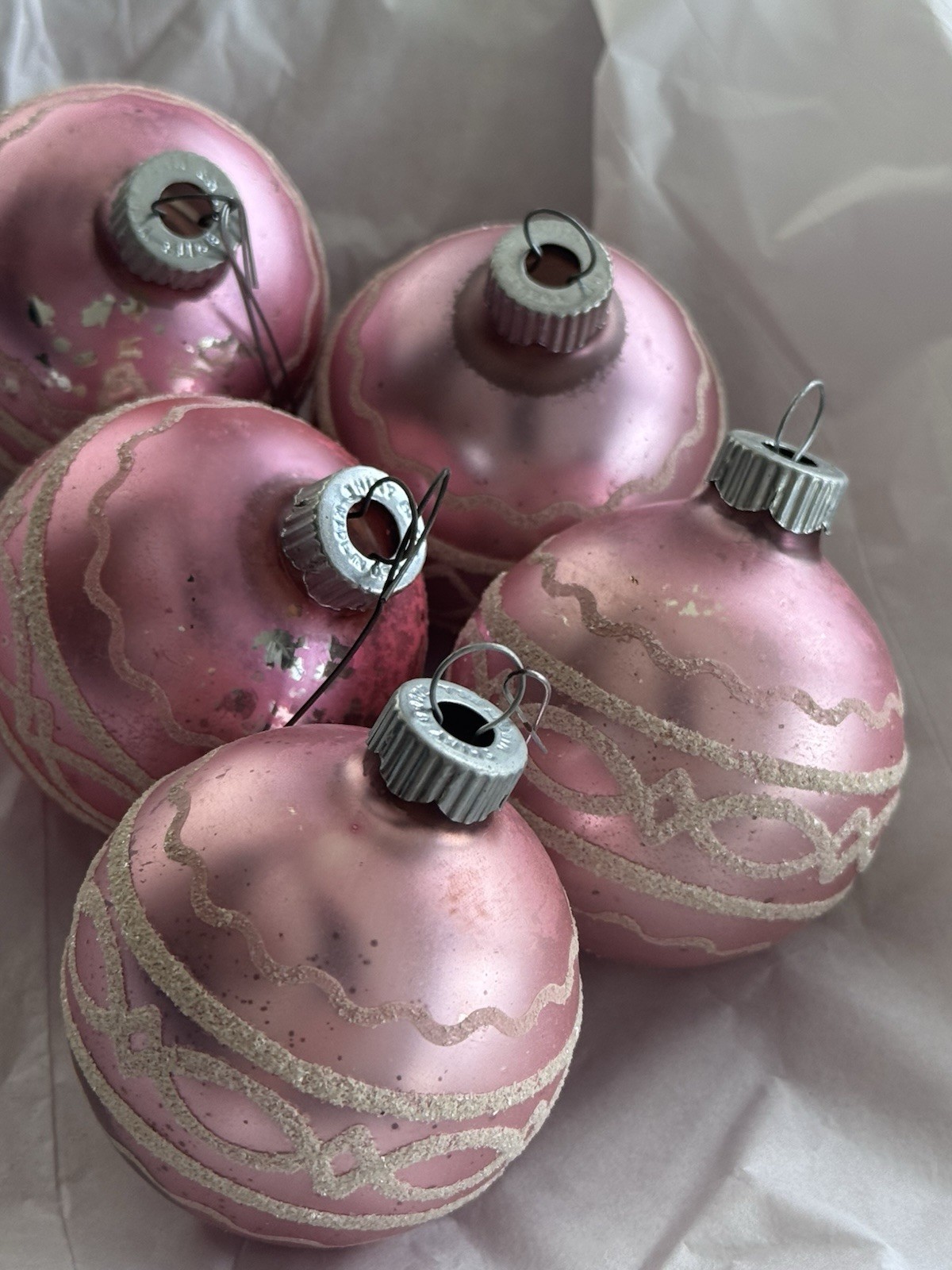 Vintage Shiny Brite Soft Baby Pink Ornaments Mica Stenciled Set Of 5 LOT