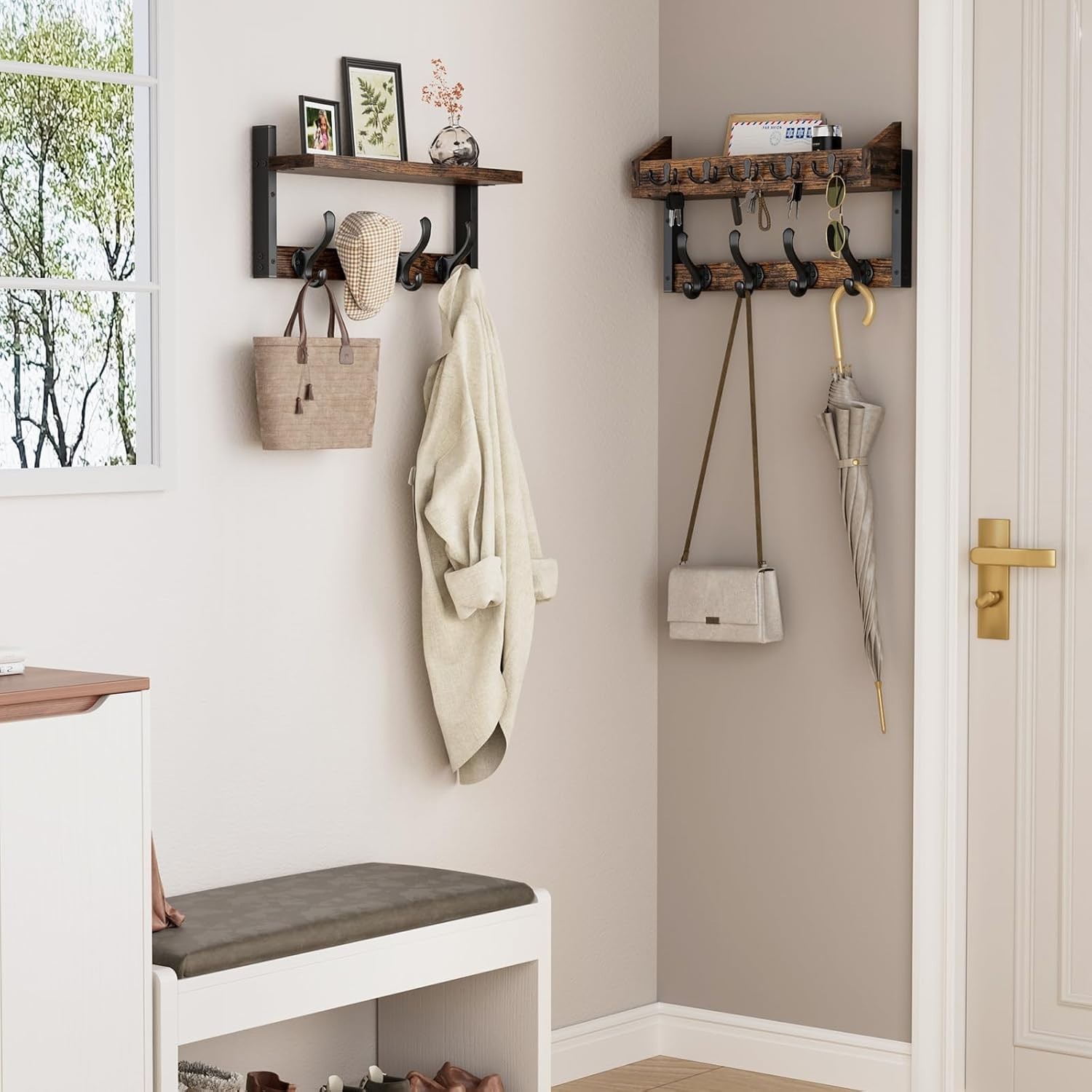 35in Wall Mounted Coat Rack Shelf 4-in-1 with Hooks Key Mail Holder Rustic Brown