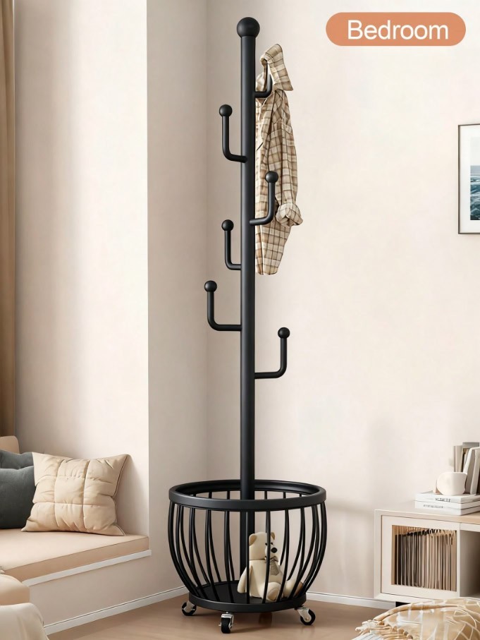 Freestanding Tree Coat Rack with Basket Metal Entryway Hat Bag Stand